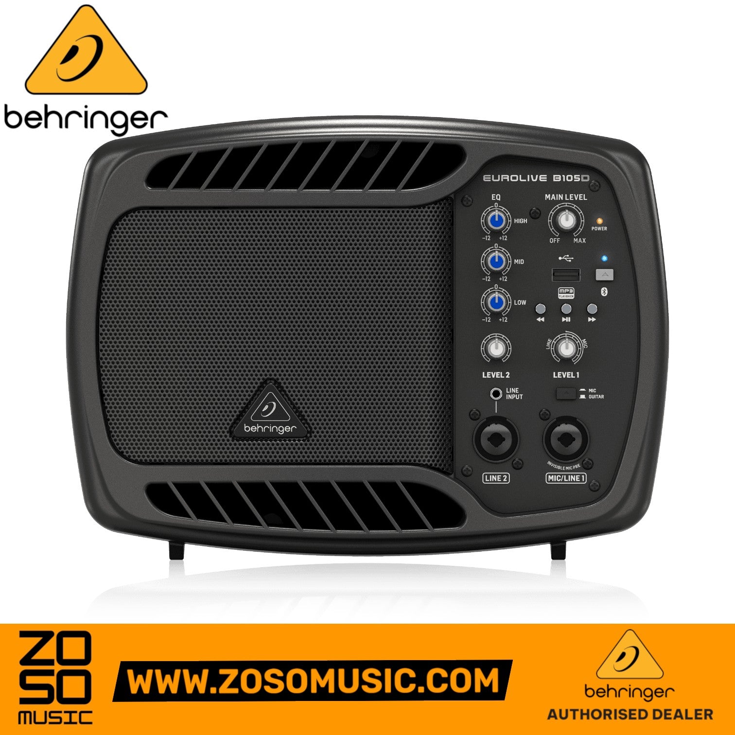 Zoso Music Behringer B105D 50-watt compact PA monitor speaker with Bluetooth, MP3 player, and 3-channel mixer.