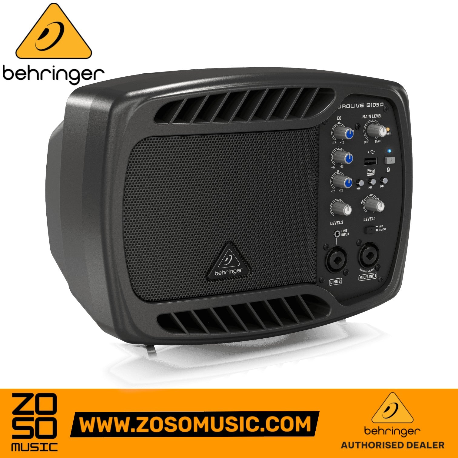 Zoso Music Behringer B105D 50-watt compact PA monitor speaker with integrated 3-channel mixer and Bluetooth controls.