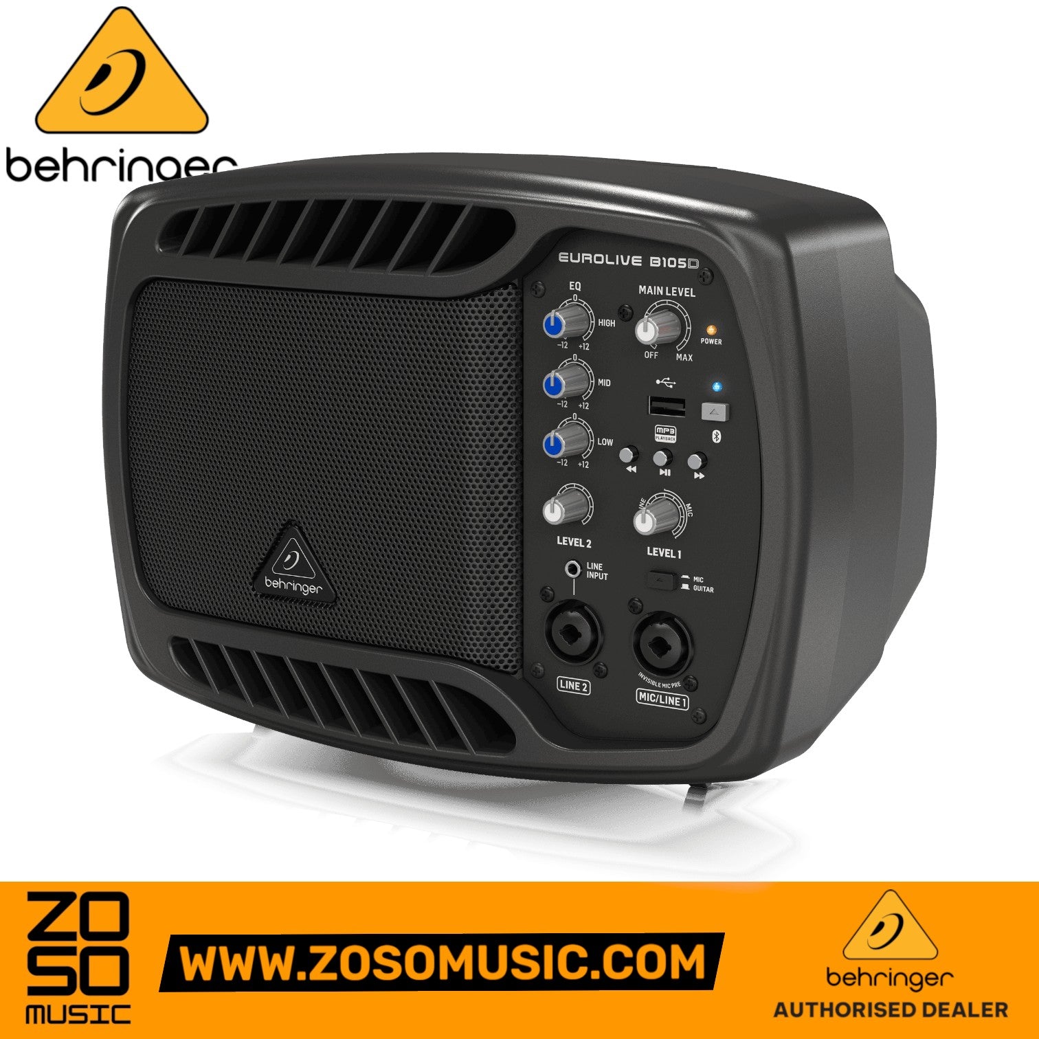 Zoso Music Behringer B105D 50-watt compact PA monitor speaker with integrated mixer, Bluetooth, and MP3 player.