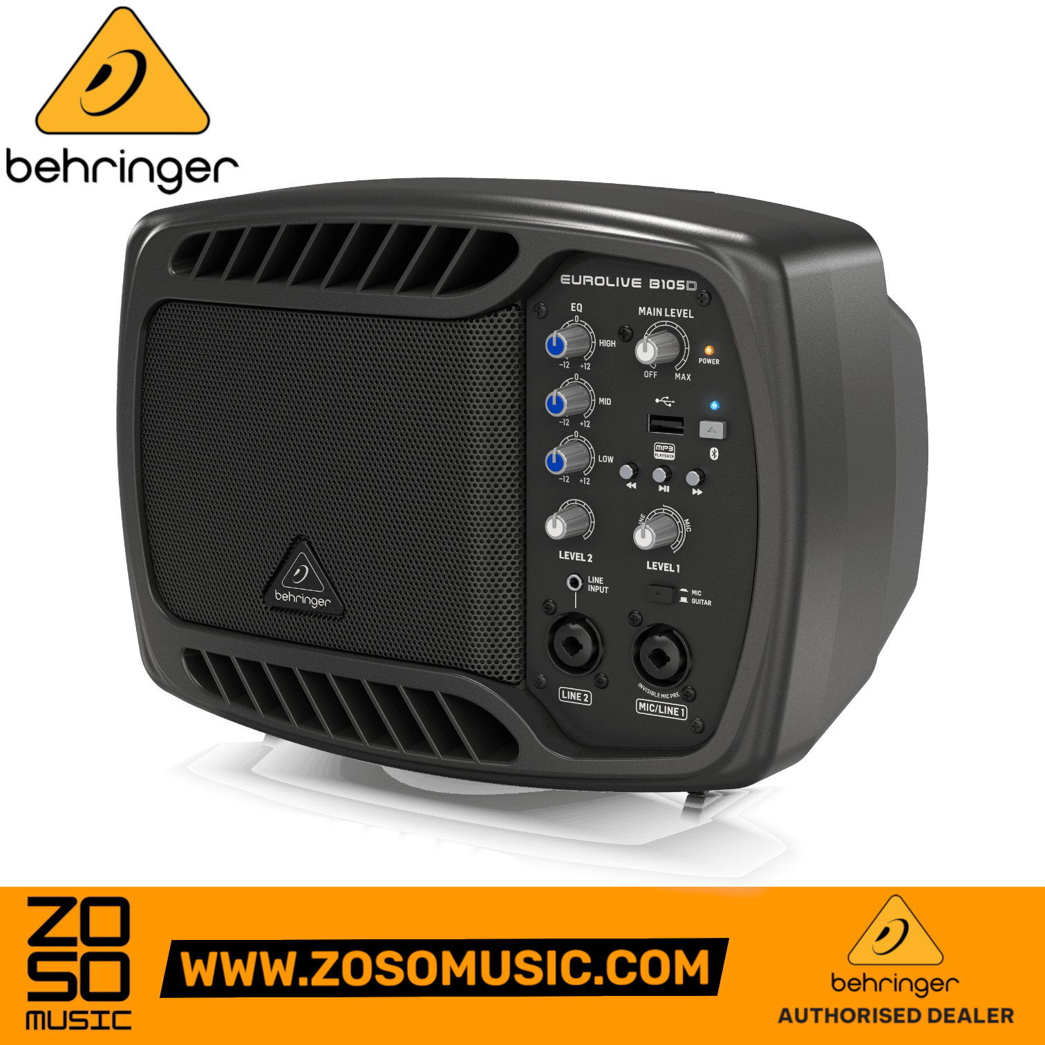 Zoso Music Behringer B105D 50W 5-inch compact powered monitor speaker with Bluetooth and built-in MP3 player