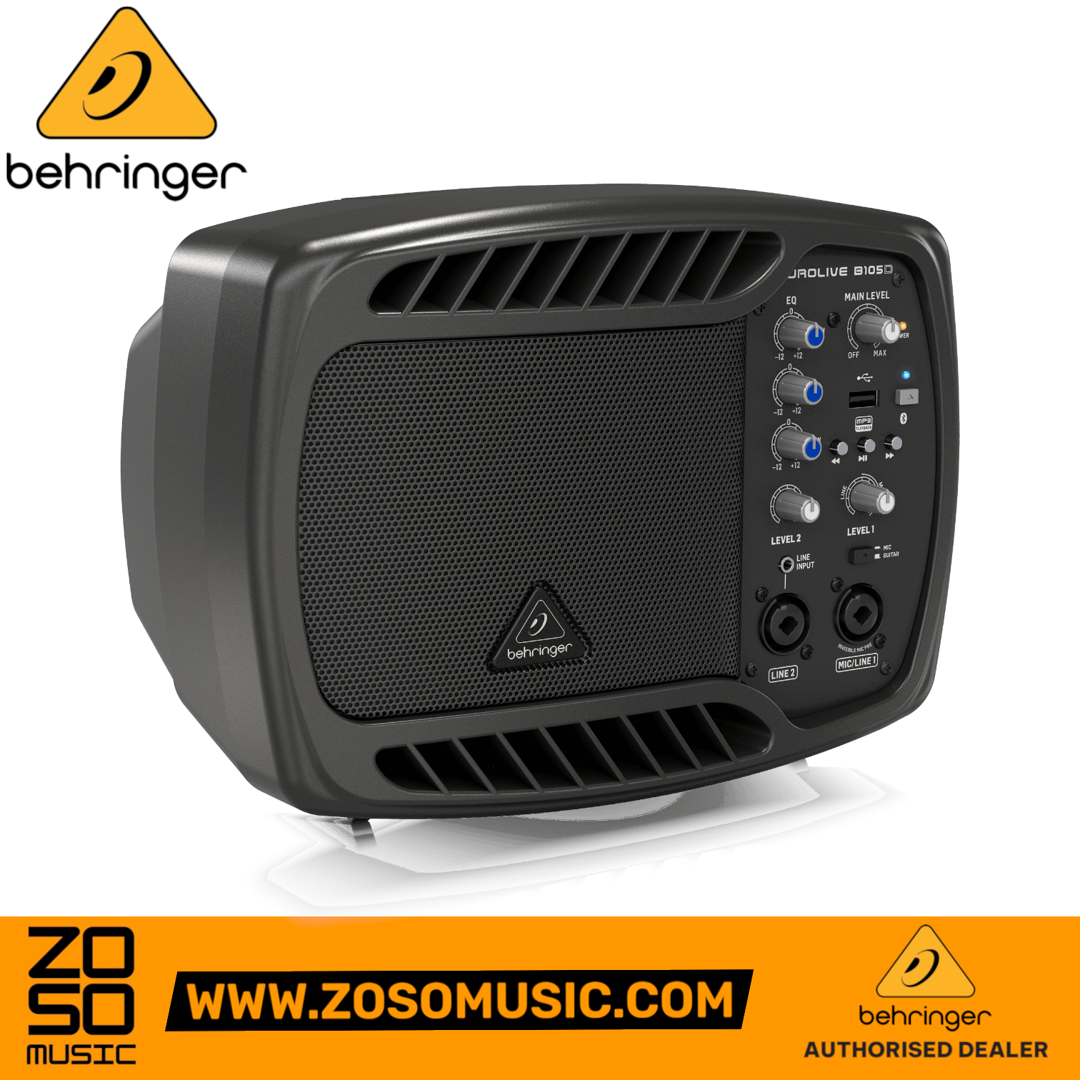 Zoso Music Behringer B105D 50W 5-inch powered monitor speaker with front-facing controls and black grille