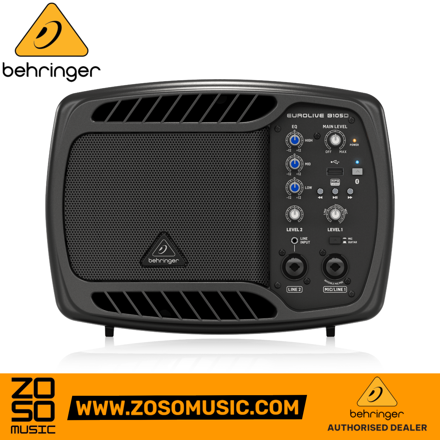 Zoso Music Behringer B105D 50W 5-inch powered monitor speaker with front-facing controls and black mesh grille.