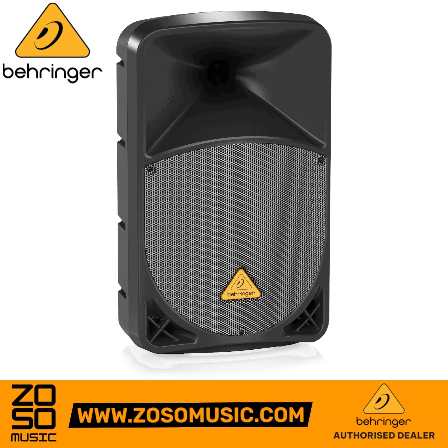 Zoso Music Behringer B112MP3 active 12-inch PA speaker with integrated mixer and MP3 player in a black trapezoidal case.