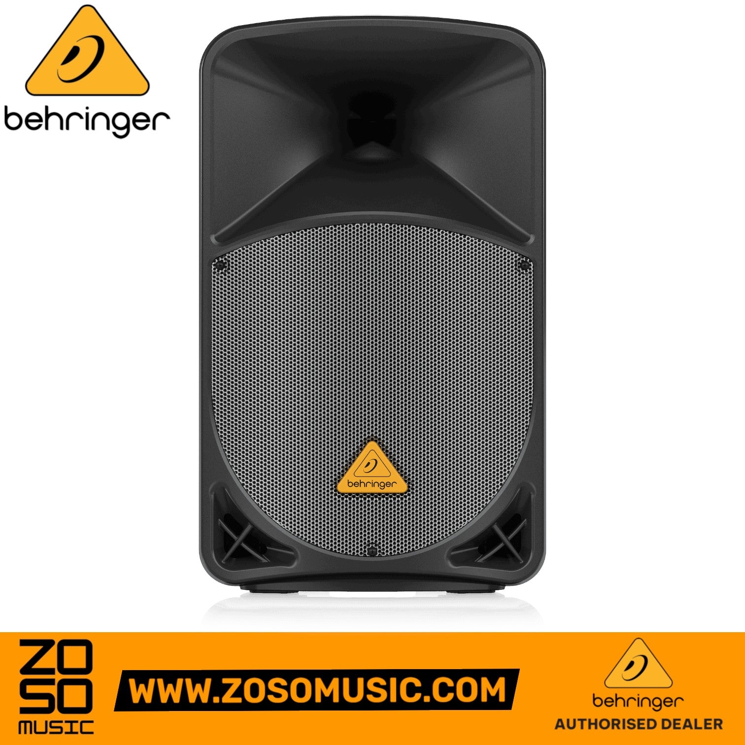 Zoso Music Behringer B112MP3 active 12-inch PA speaker with black trapezoidal enclosure and front grille