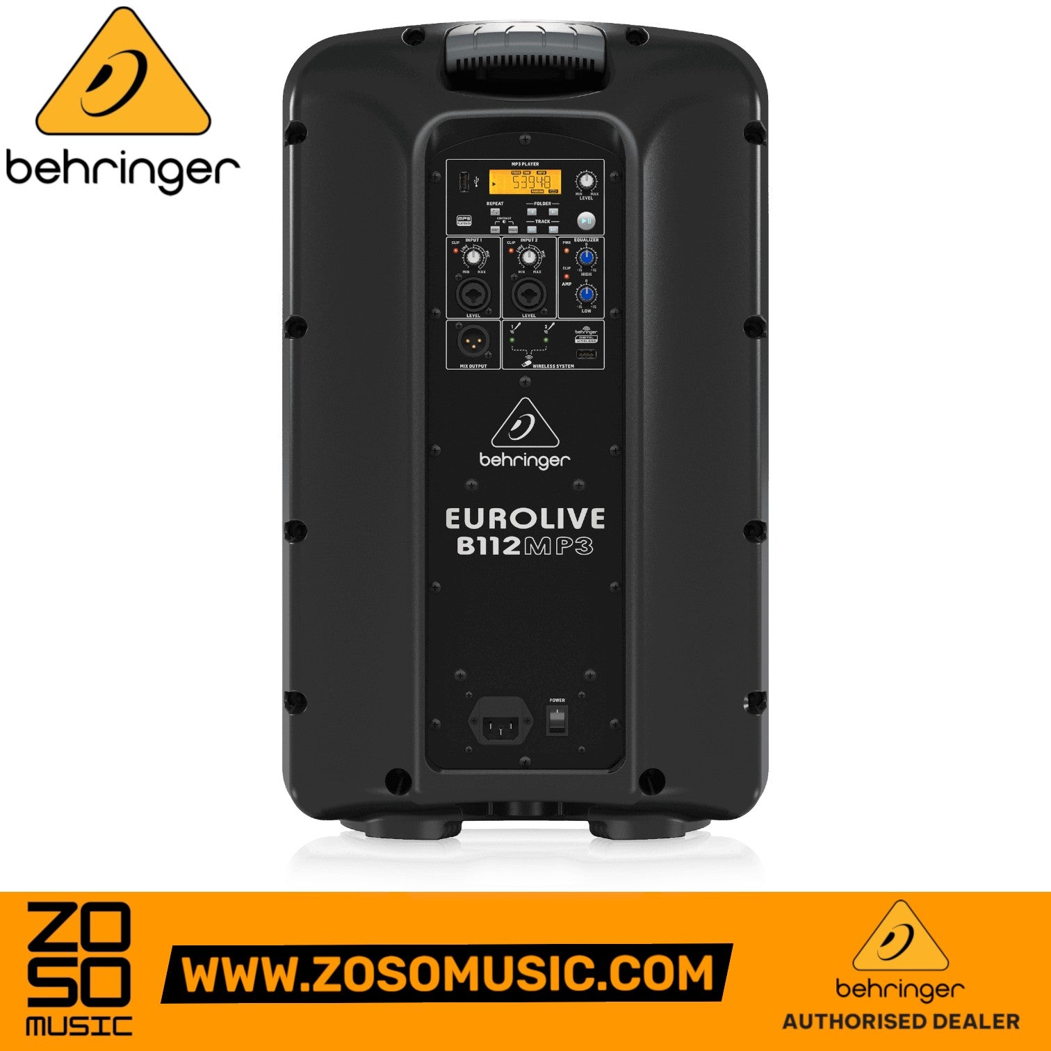 Zoso Music Behringer Eurolive B112MP3 active PA speaker rear panel showing integrated mixer and MP3 player controls