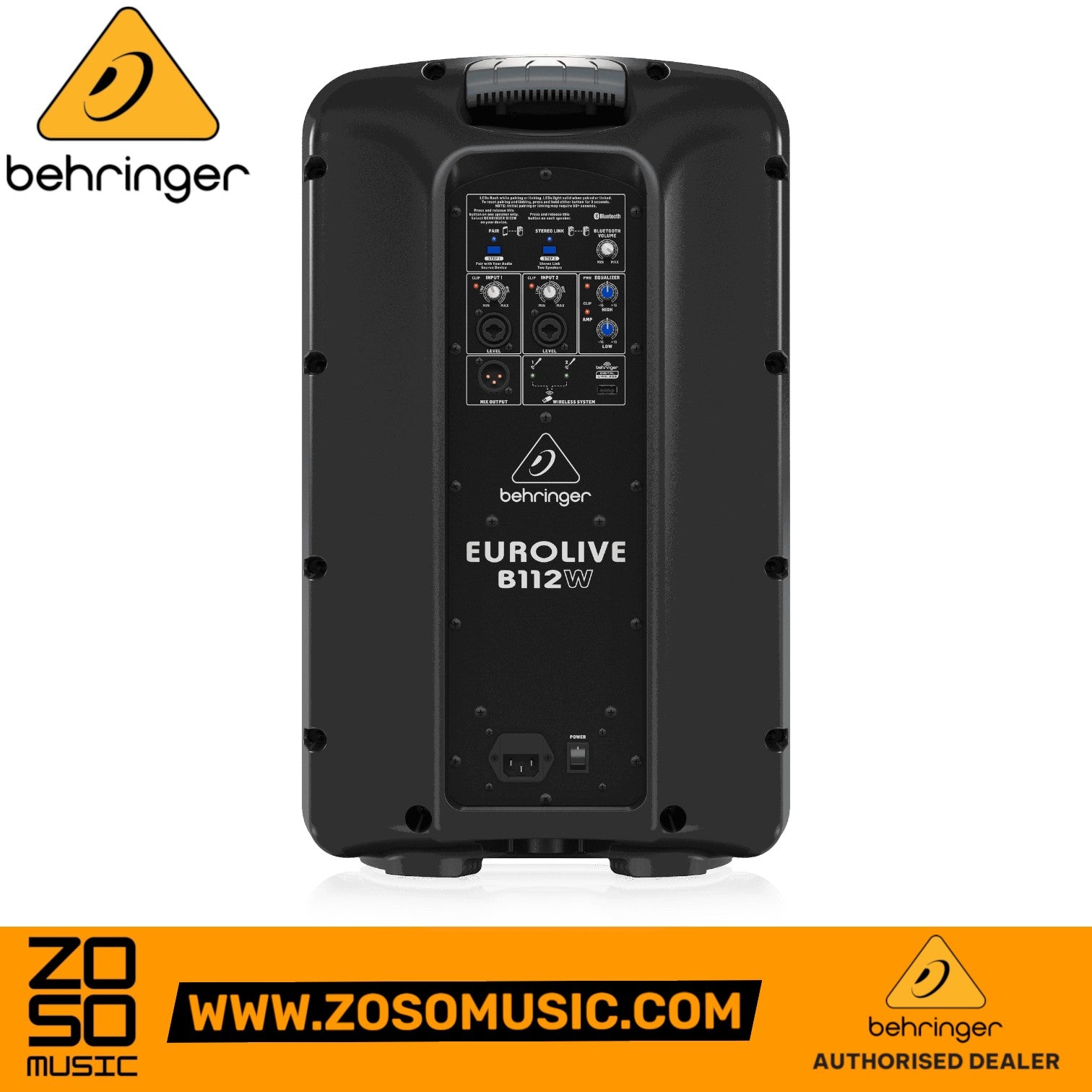 Rear view of the Zoso Music Behringer Eurolive B112W active PA speaker showing the integrated mixer and controls.