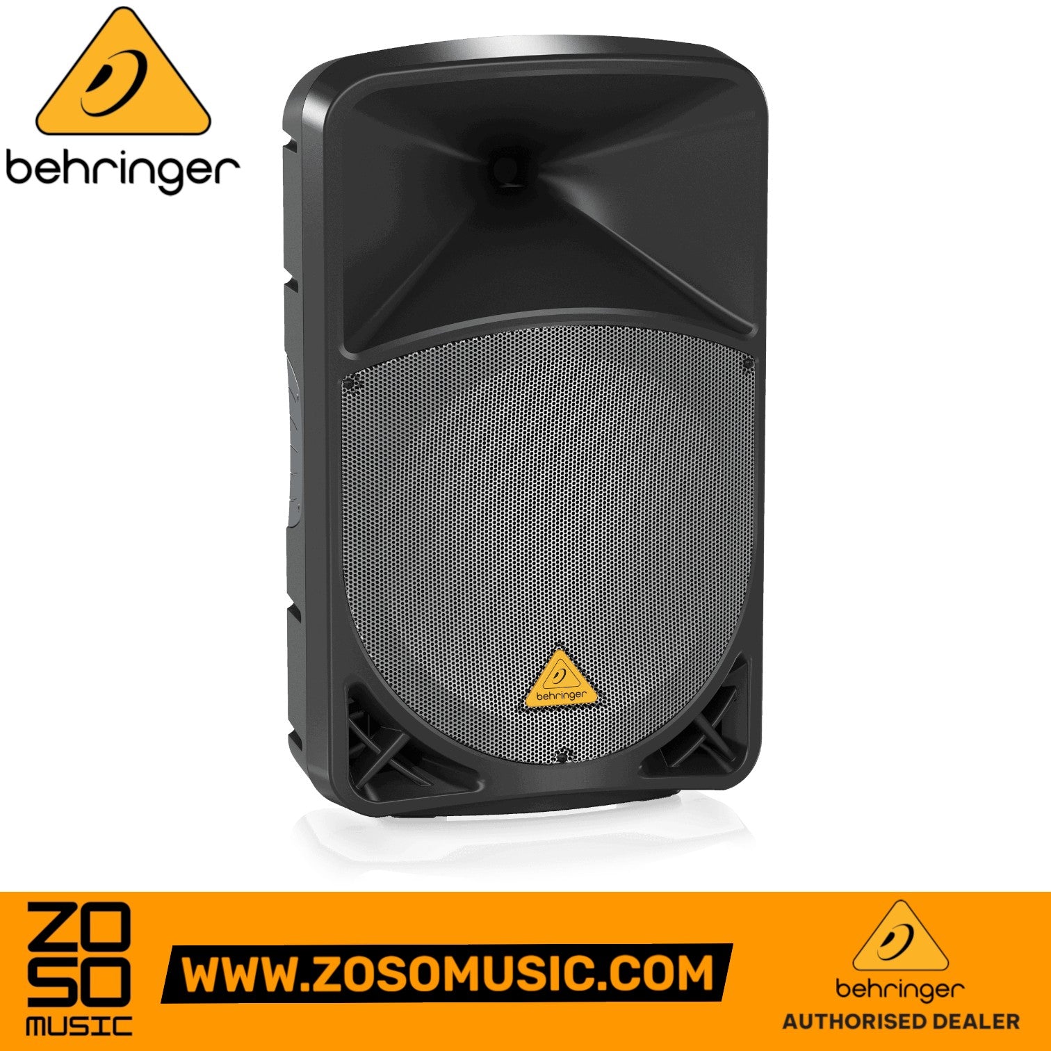 Zoso Music Behringer B115MP3 active 15-inch PA speaker with black trapezoidal enclosure and front metal grille