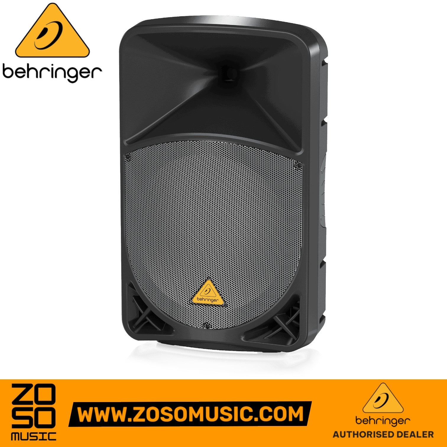 Zoso Music Behringer B115MP3 active 2-way 15-inch PA speaker with black trapezoidal enclosure and front metal grille
