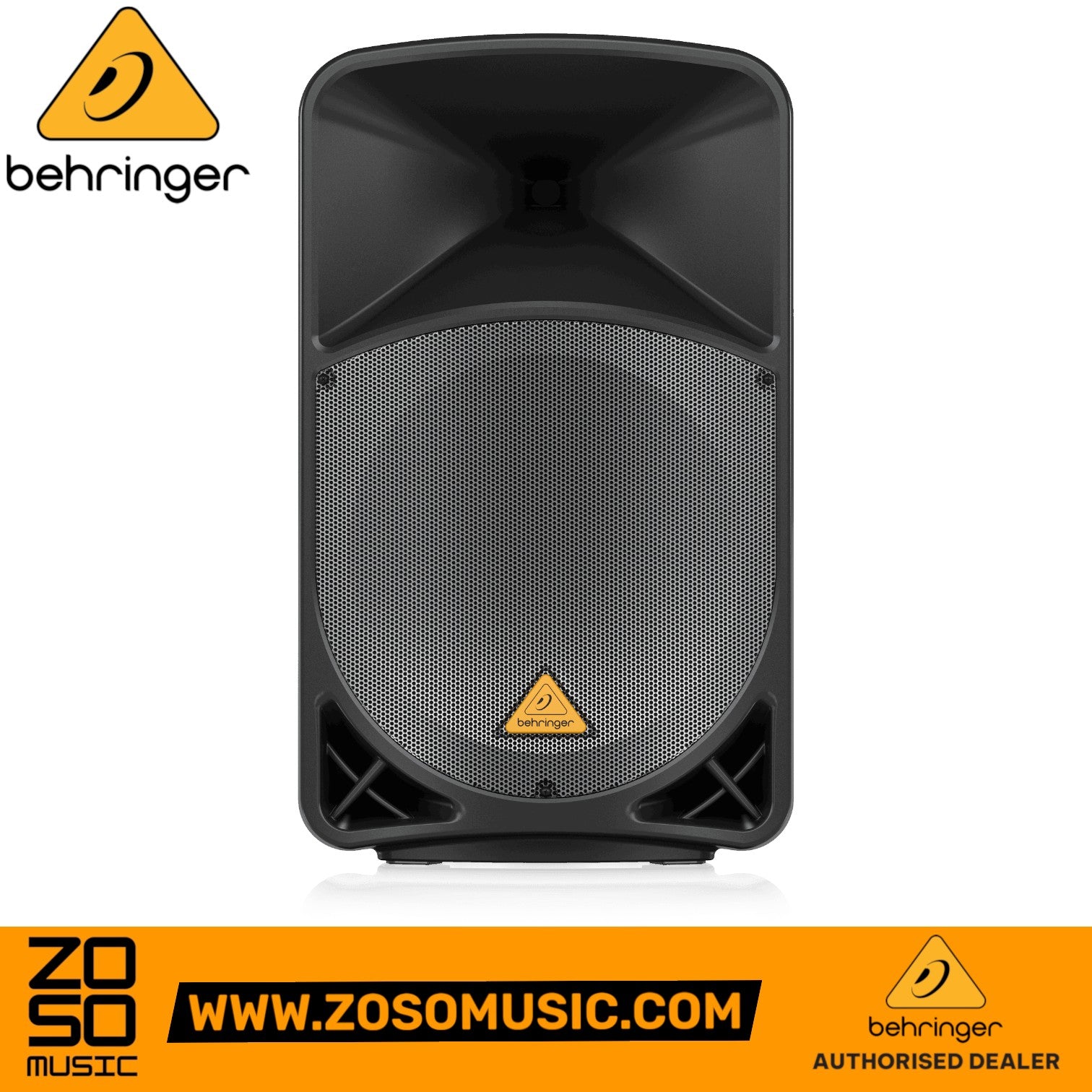 Zoso Music Behringer B115MP3 15-inch active PA speaker with black trapezoidal enclosure and front metal grille