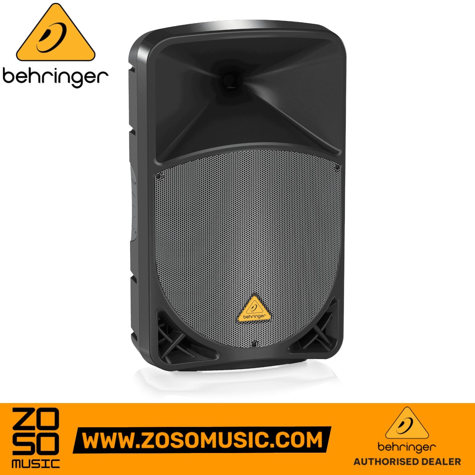 Zoso Music Behringer B115W active 15-inch PA speaker with black cabinet and protective metal grille