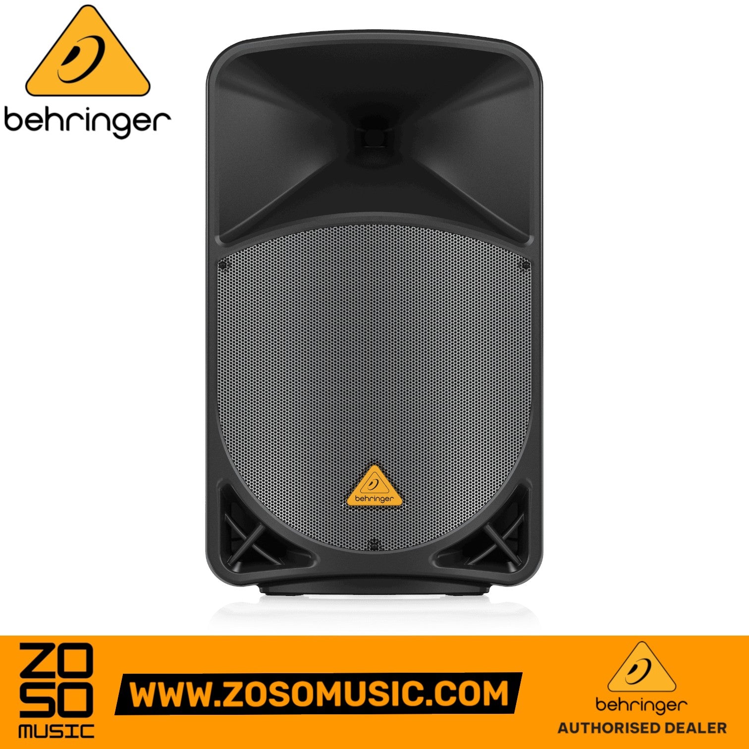 Zoso Music Behringer B115W 15-inch active PA speaker with black cabinet and silver grille, front view.