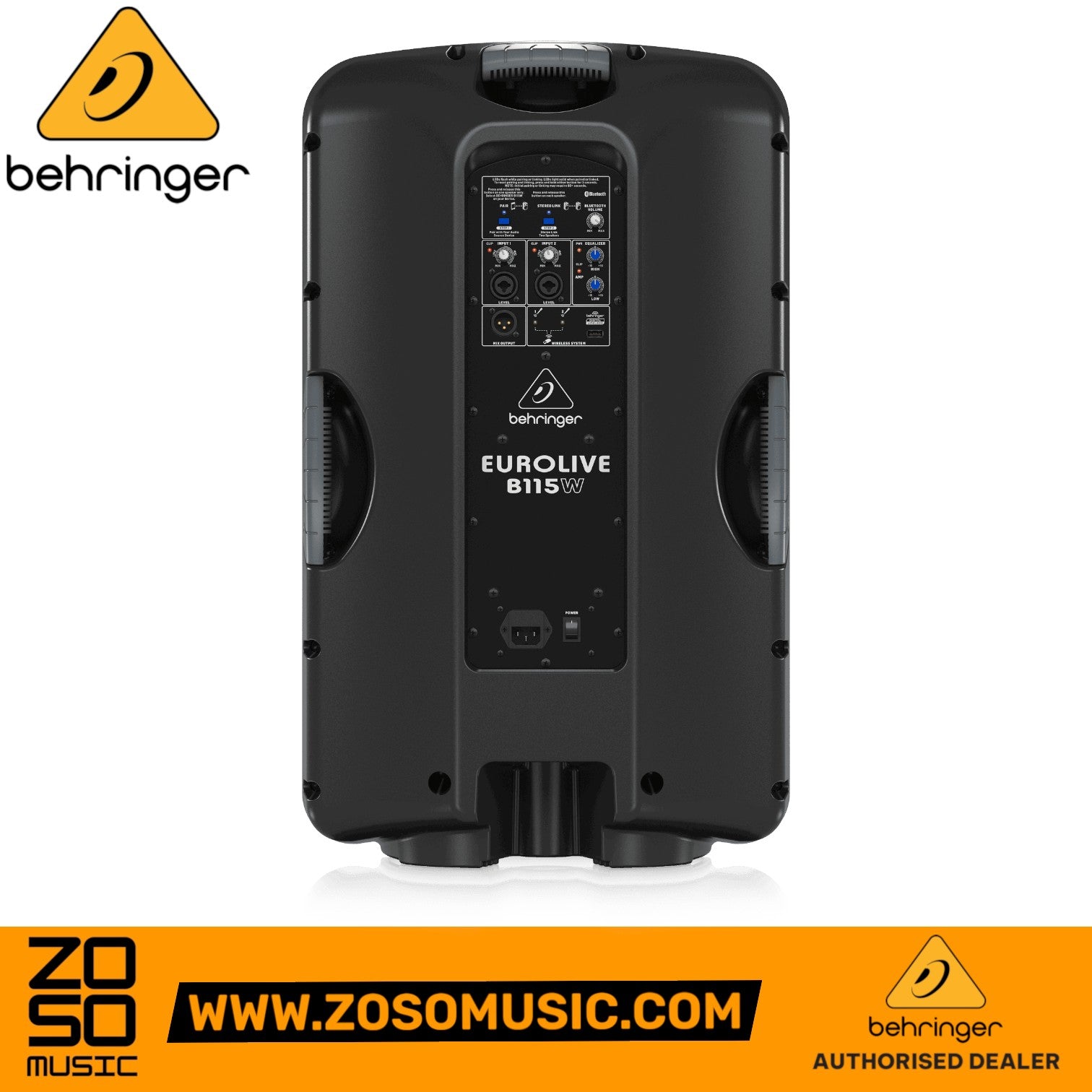 Zoso Music Behringer B115W active PA speaker rear panel view showing integrated mixer and Bluetooth controls