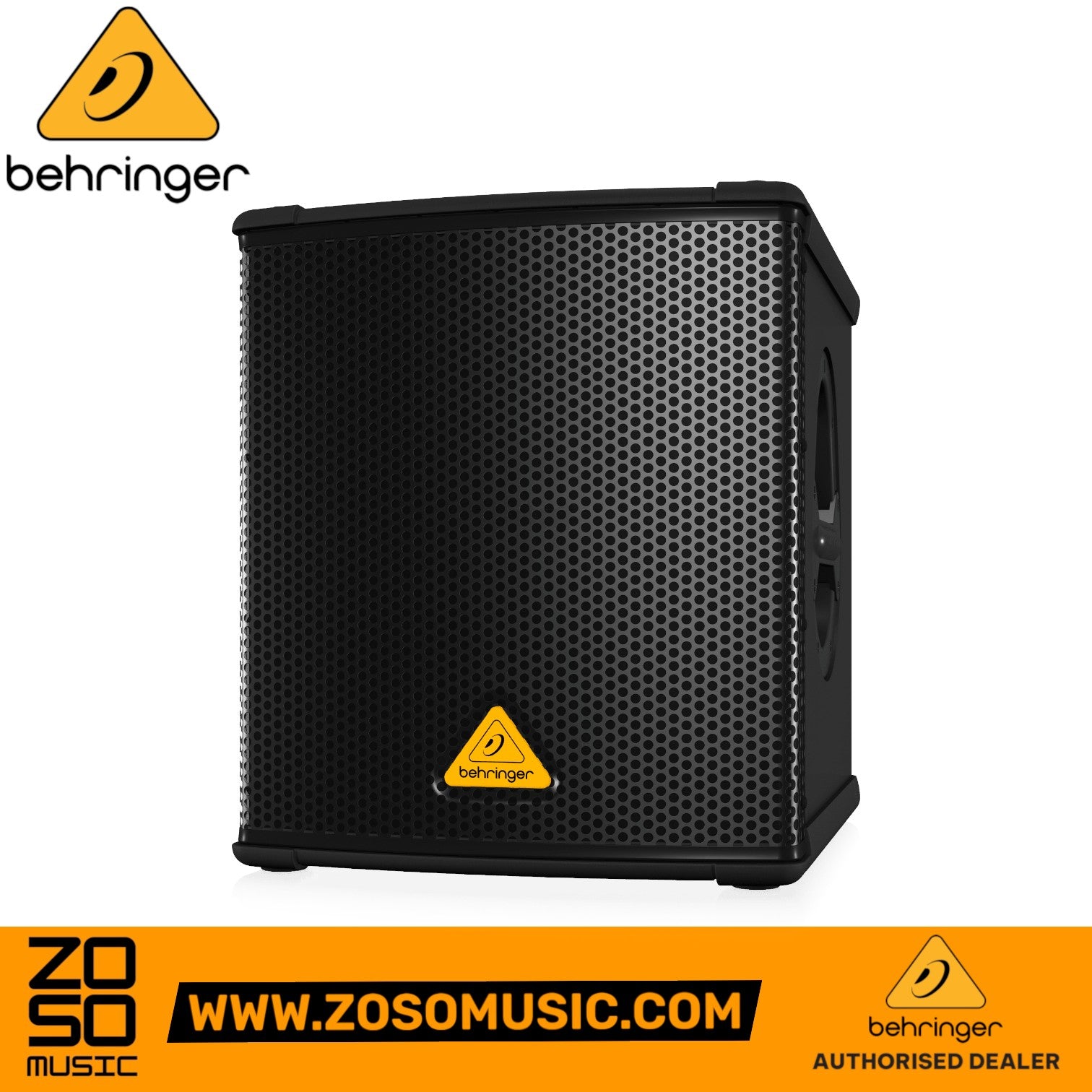 Zoso Music Behringer B1200D-PRO 500-watt active 12-inch PA subwoofer with a black metal grille and compact design.