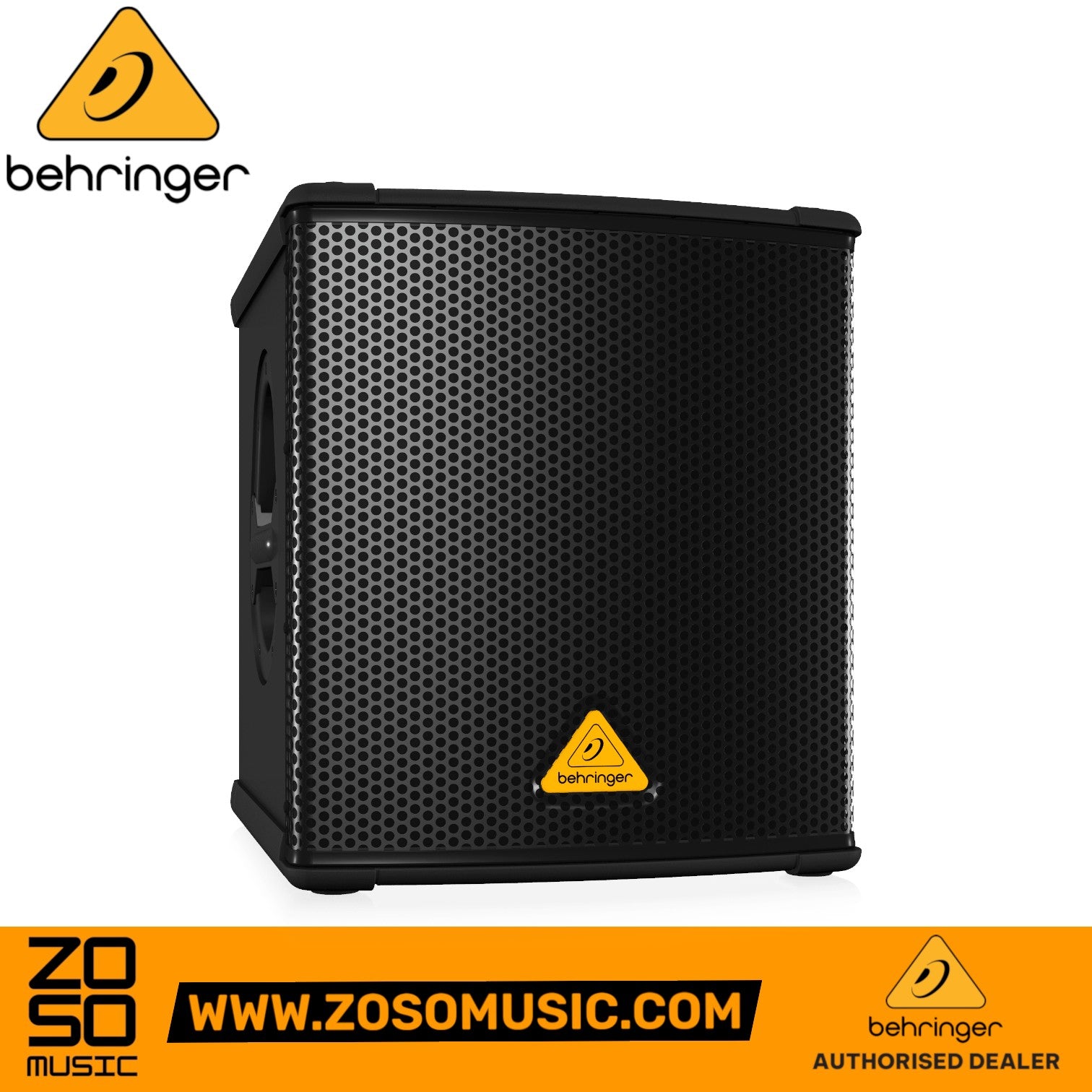 Zoso Music Behringer B1200D-PRO 12-inch active PA subwoofer with black metal grille and yellow logo badge.