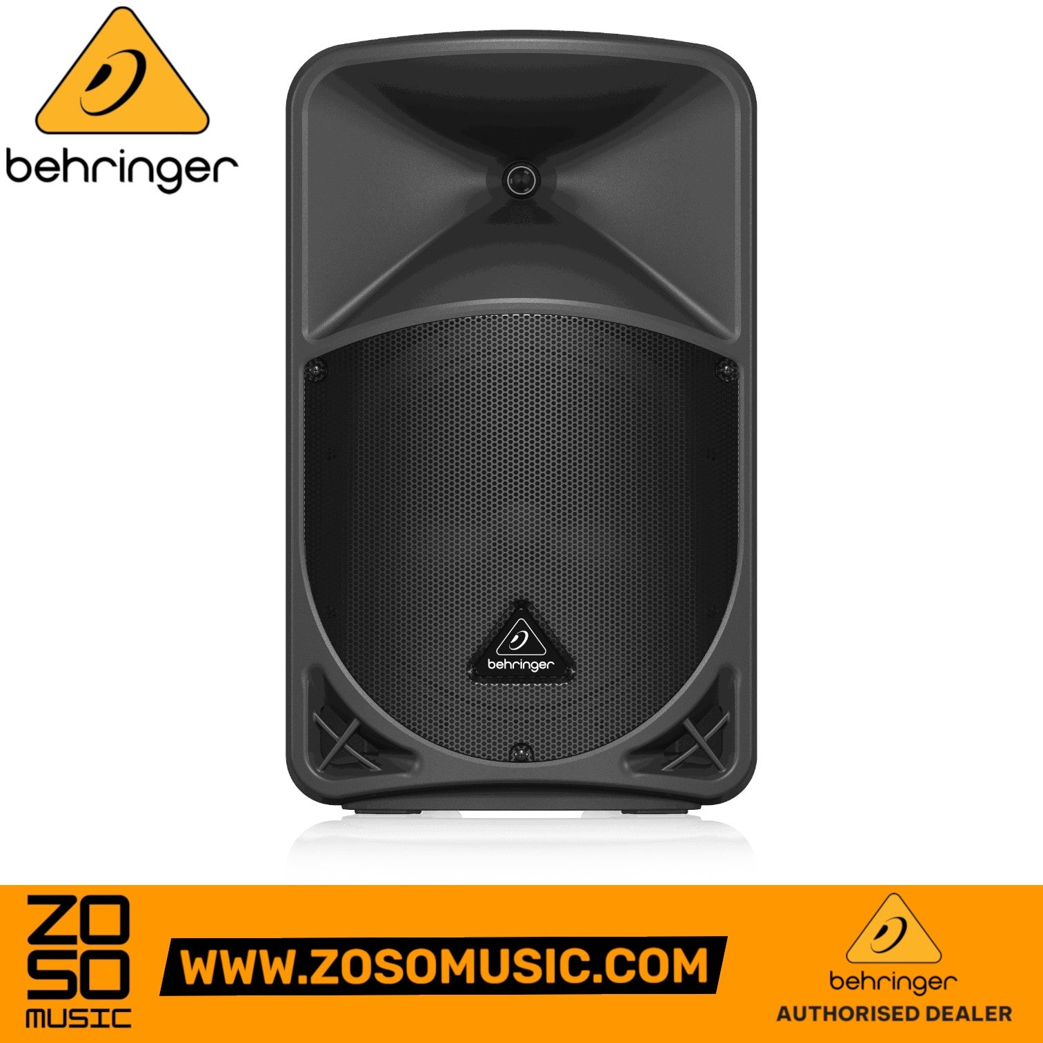 Zoso Music Behringer B12X 1000-watt 12-inch powered loudspeaker with black trapezoidal enclosure and front grille