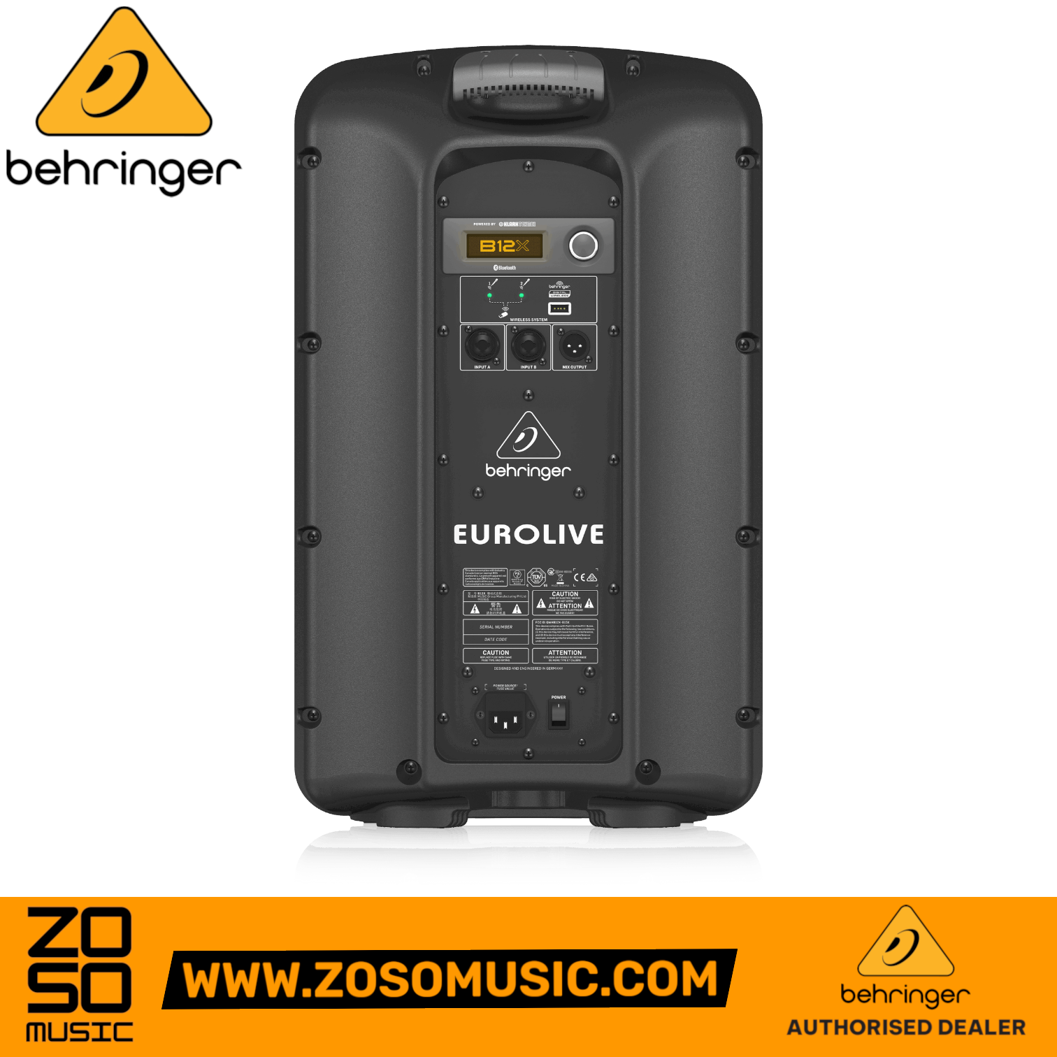 Zoso Music Behringer B12X powered speaker rear panel showing inputs, digital mixer controls, and LCD display
