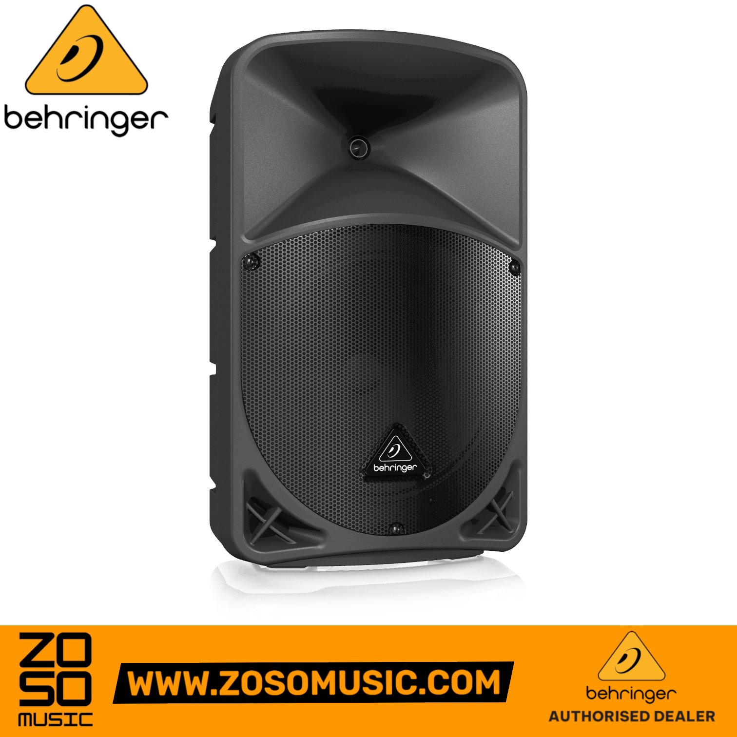 Zoso Music Behringer B12X 1000W 12-inch powered PA speaker with black grille and durable trapezoidal enclosure.
