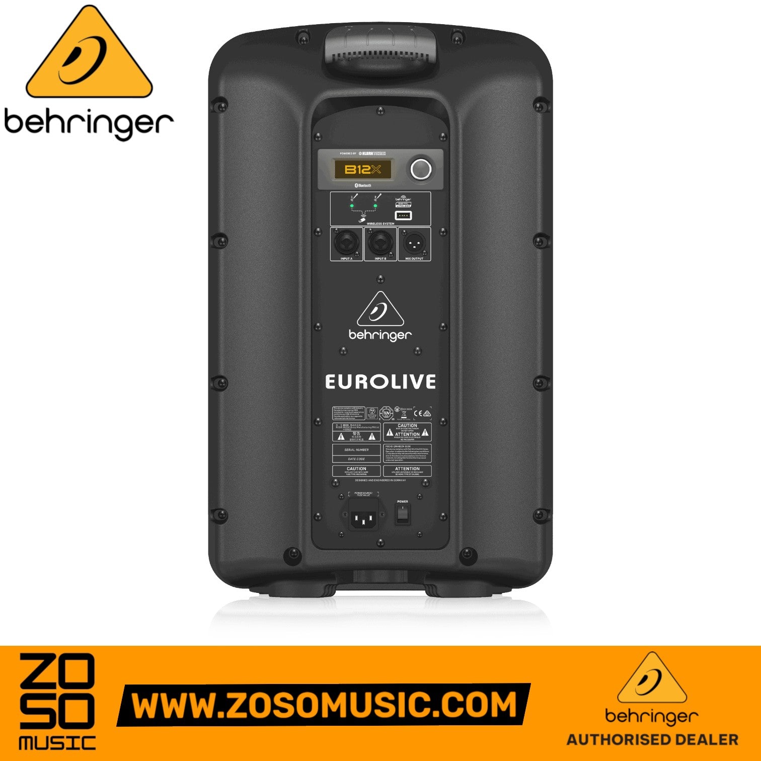 Rear panel of Zoso Music Behringer B12X 1000W powered loudspeaker showing inputs, digital mixer, and controls.