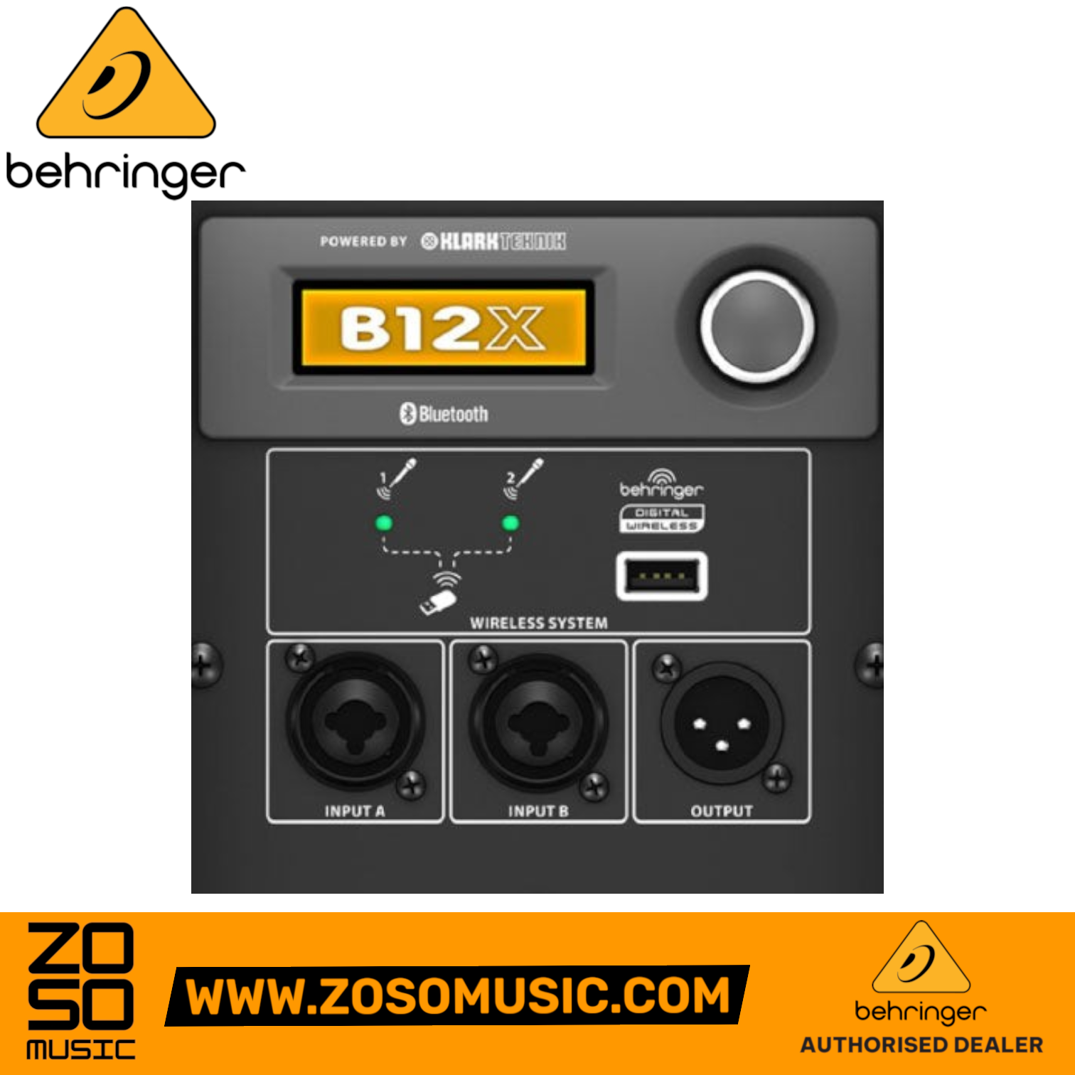 Zoso Music Behringer B12X powered speaker rear control panel with digital mixer, Bluetooth, and input ports.