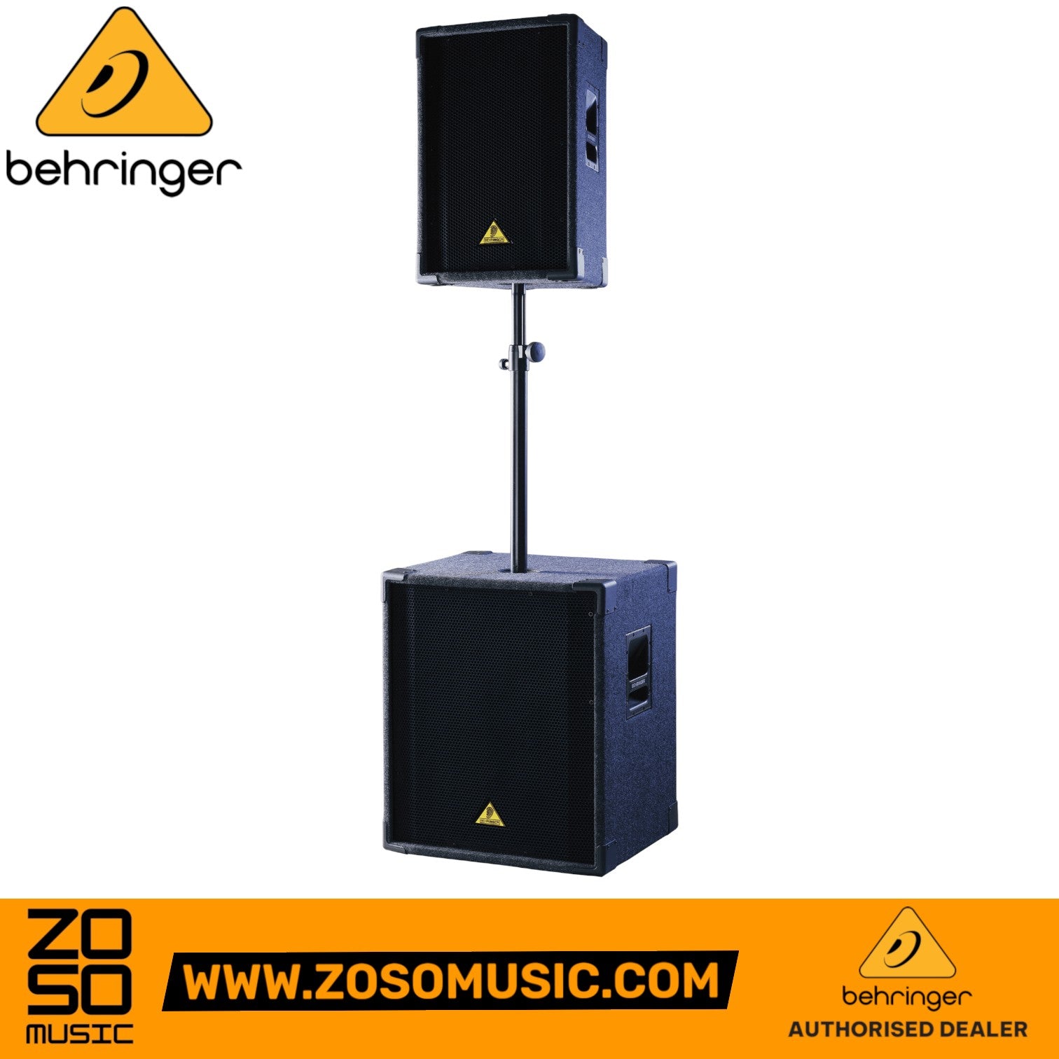 Zoso Music Behringer B1520 PRO passive PA speaker system with a 15-inch subwoofer and top speaker on a pole mount.