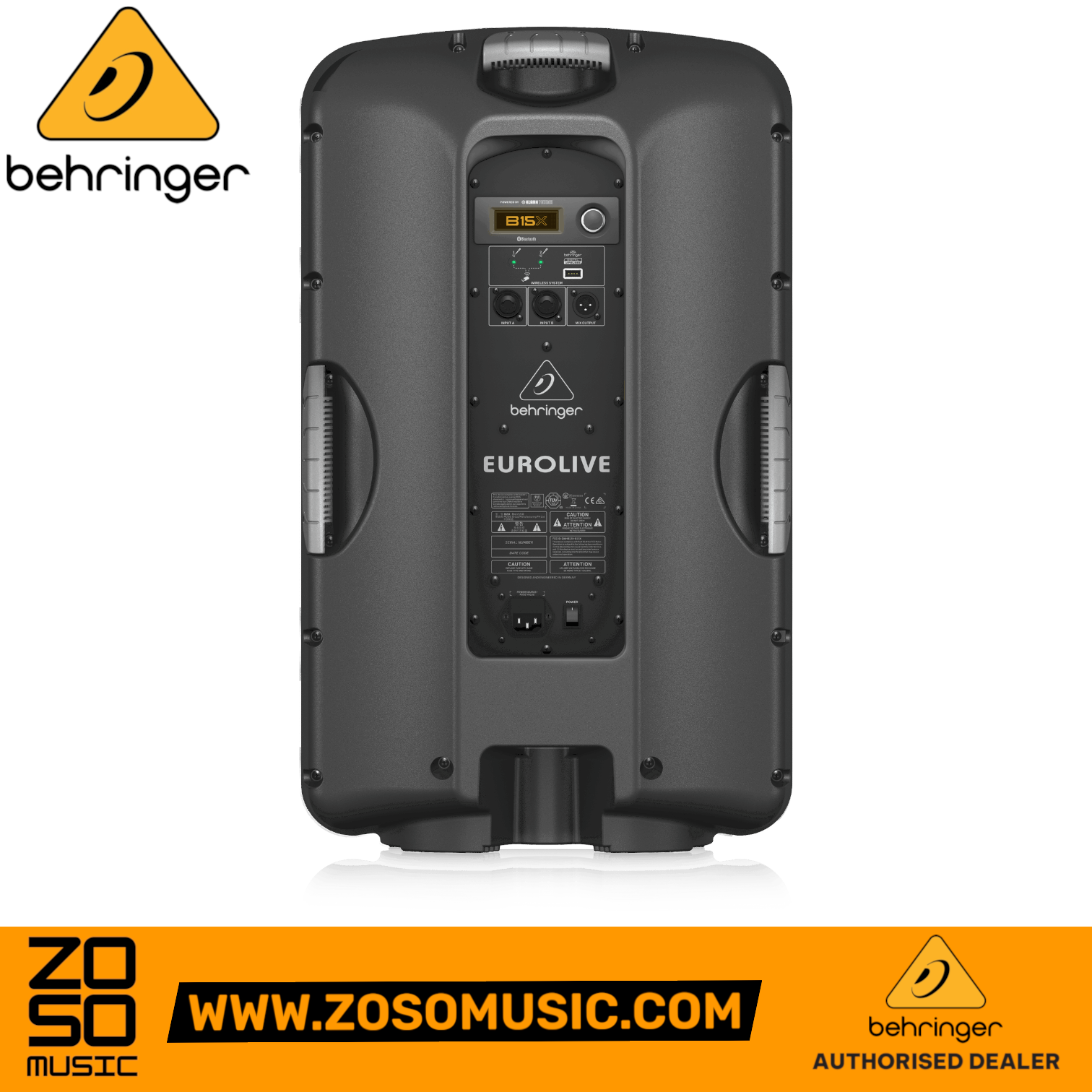Back panel view of the Behringer B15X 1000W powered speaker featuring input jacks and LCD display from Zoso Music