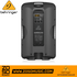 Back panel view of the Behringer B15X 1000W powered speaker featuring input jacks and LCD display from Zoso Music