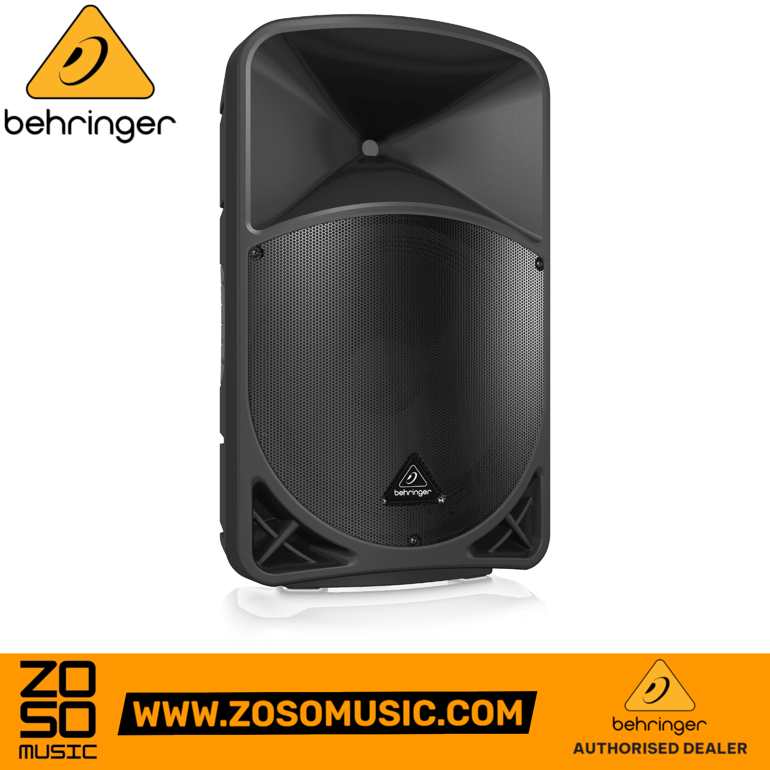 Zoso Music Behringer B15X 1000W 15-inch powered PA speaker with black grille and durable trapezoidal enclosure