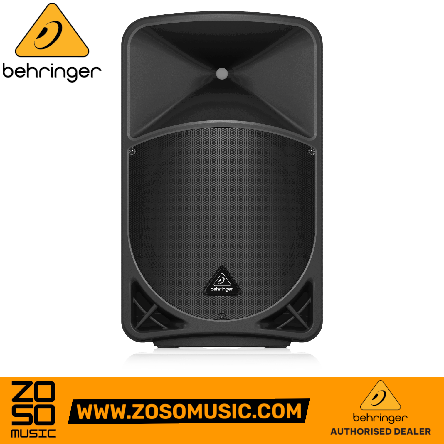 Behringer B15X 1000W 15-inch powered PA speaker from Zoso Music, featuring a black trapezoidal enclosure.