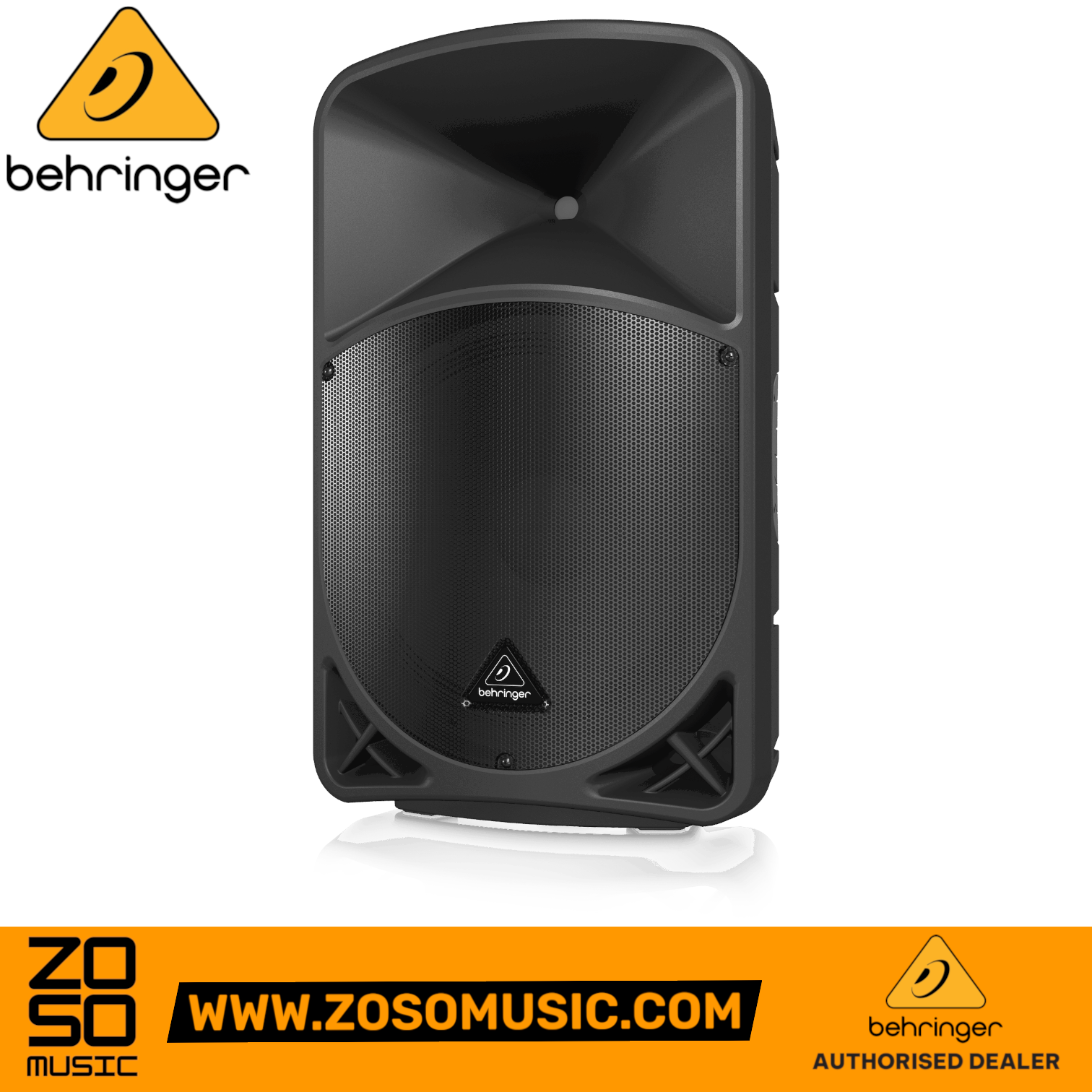 Behringer B15X 1000W 15-inch powered PA speaker from Zoso Music featuring a black trapezoidal enclosure and grille.