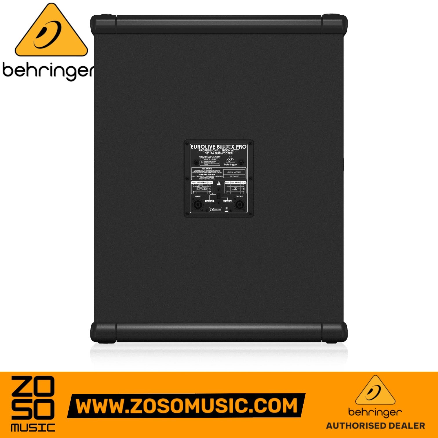 Rear view of the Zoso Music Behringer B1800X PRO 18-inch PA subwoofer showing input and output connection panel.