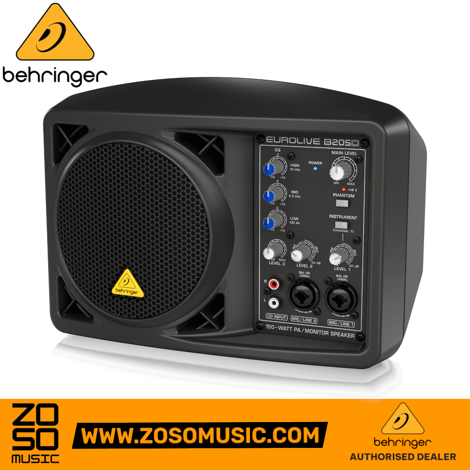 Zoso Music Behringer B205D ultra-compact 150-watt active PA monitor speaker with 3-channel mixer and 3-band EQ