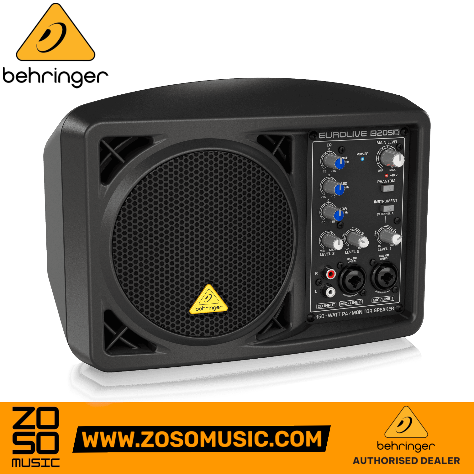 Zoso Music Behringer B205D 150-watt active PA monitor speaker with 3-channel mixer and 5.25-inch driver