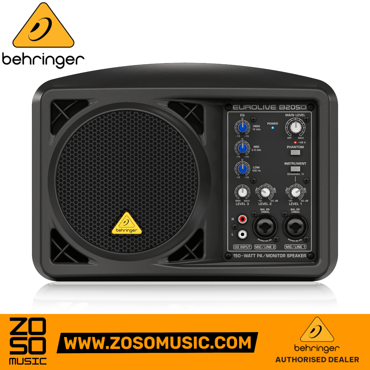 Zoso Music Behringer B205D active PA monitor speaker with 3-channel mixer, 3-band EQ, and 5.25-inch driver.