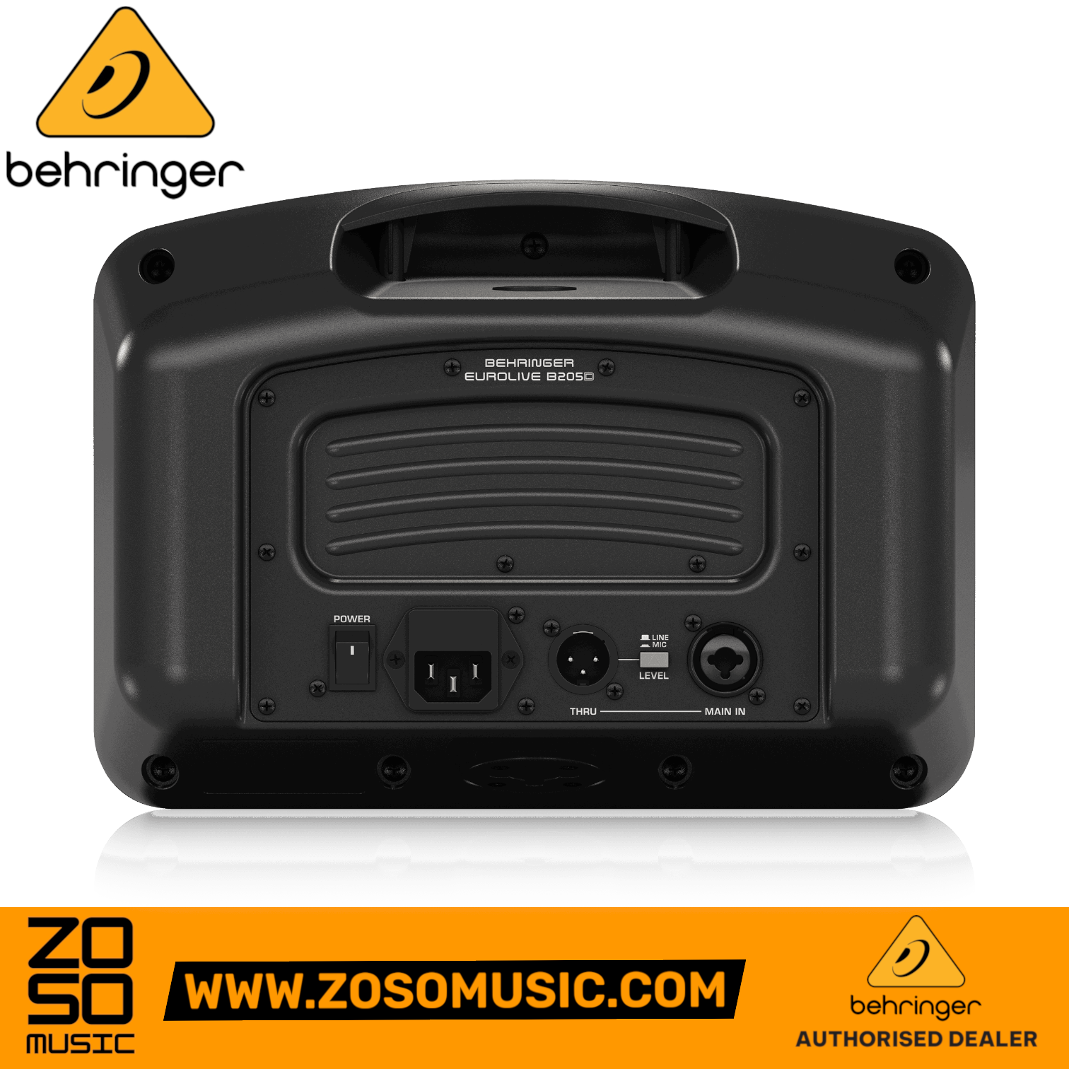 Rear view of Zoso Music Behringer B205D active PA monitor speaker showing power switch and input ports.