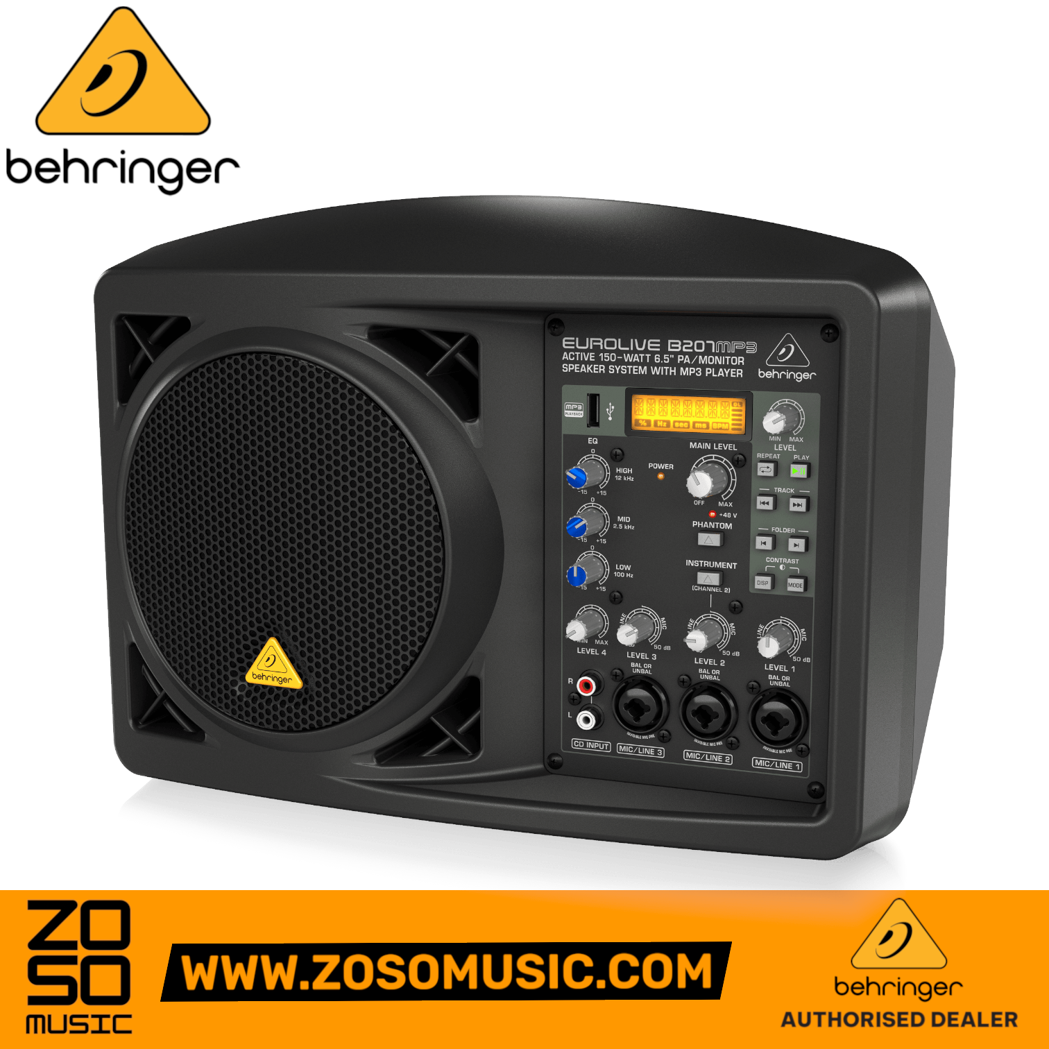 Zoso Music Behringer B207MP3 150-watt active PA monitor speaker with integrated 4-channel mixer and MP3 player.
