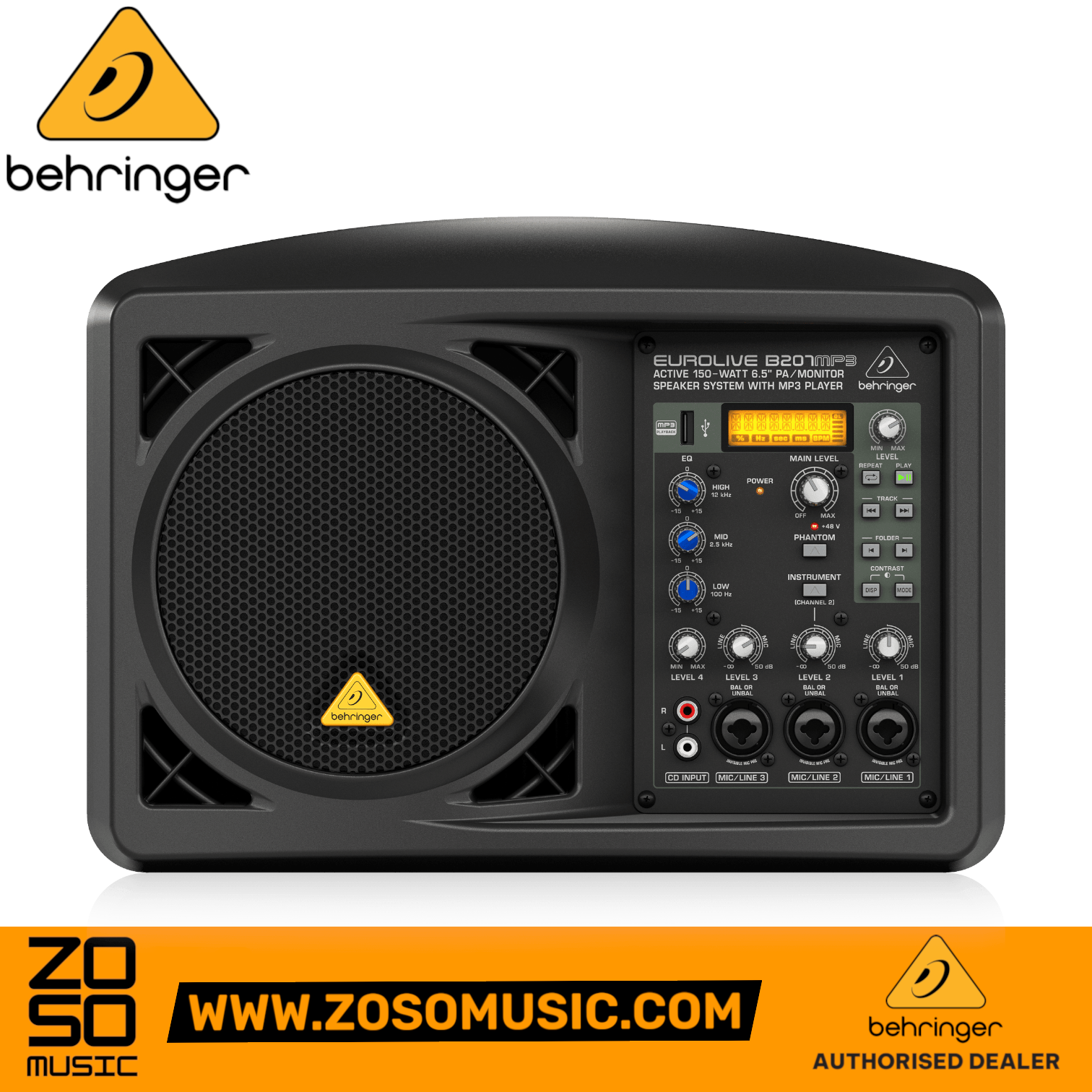 Zoso Music Behringer B207MP3 active 150-watt PA monitor speaker with integrated 4-channel mixer and MP3 player.
