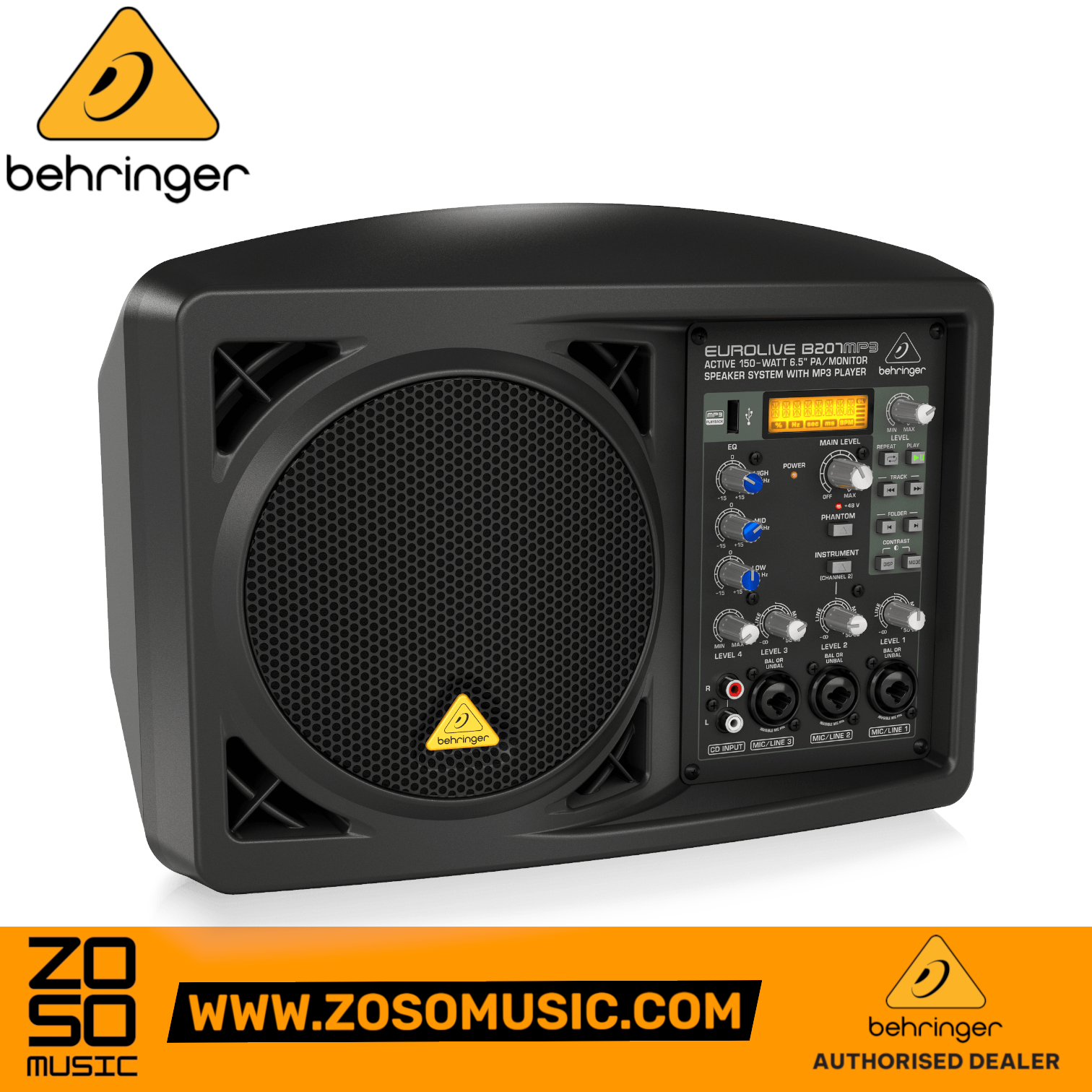 Zoso Music Behringer B207MP3 active 150-watt PA monitor speaker with 6.5-inch driver and integrated 4-channel mixer.