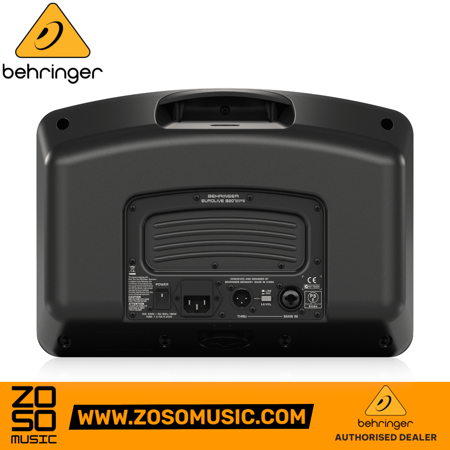 Zoso Music Behringer B207MP3 active PA speaker rear panel showing XLR inputs, power connection, and mounting handle.