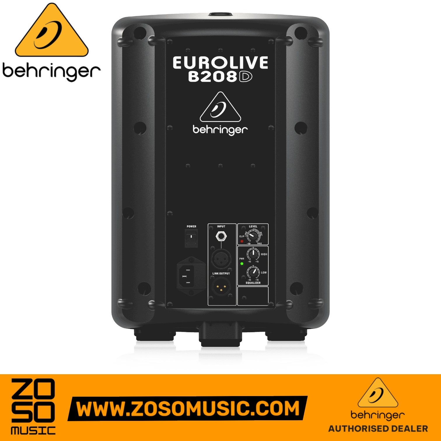 Zoso Music Behringer Eurolive B208D active PA speaker rear control panel with input, level, and EQ settings.