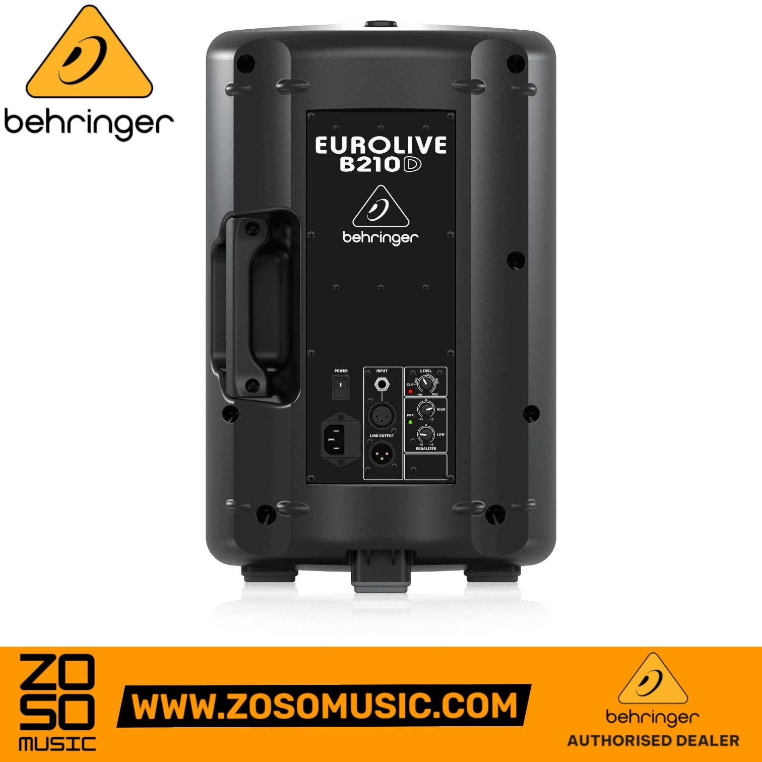 Zoso Music Behringer Eurolive B210D active PA speaker rear control panel with input, level, and EQ knobs.