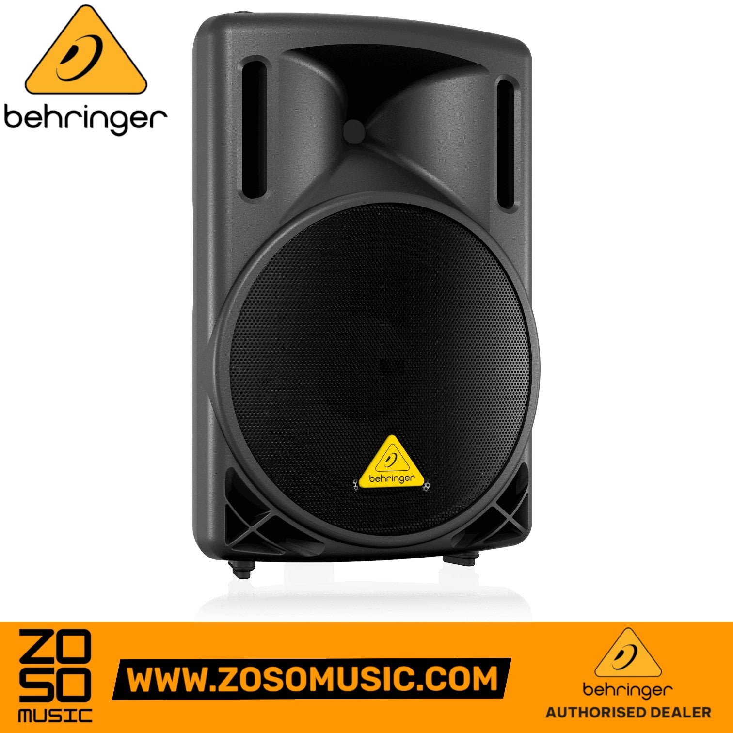 Zoso Music Behringer B212D 550-watt active 2-way PA speaker with 12-inch woofer and black cabinet design.