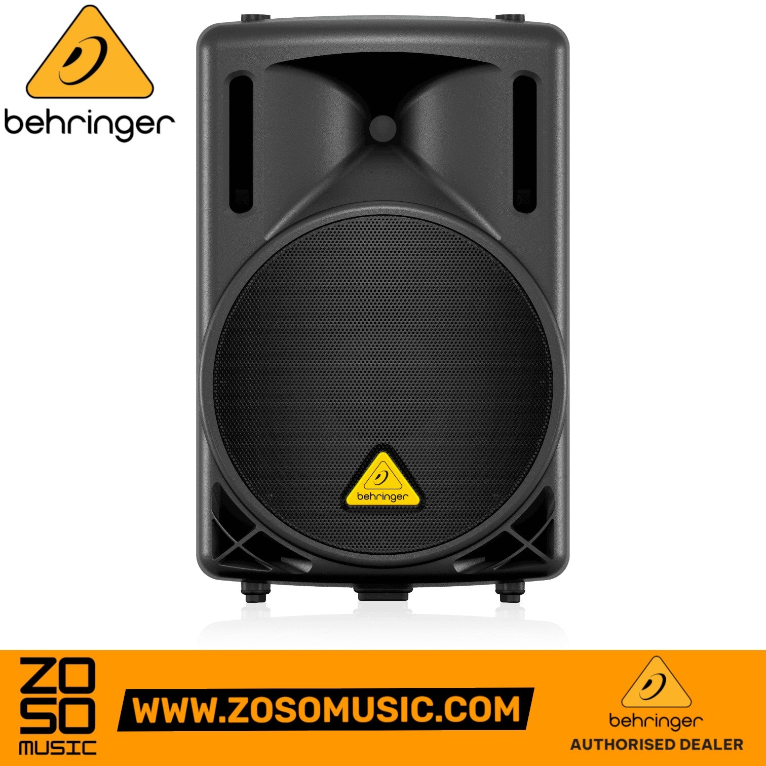 Zoso Music Behringer B212D 550-watt active 2-way PA speaker with 12-inch woofer and black cabinet design.