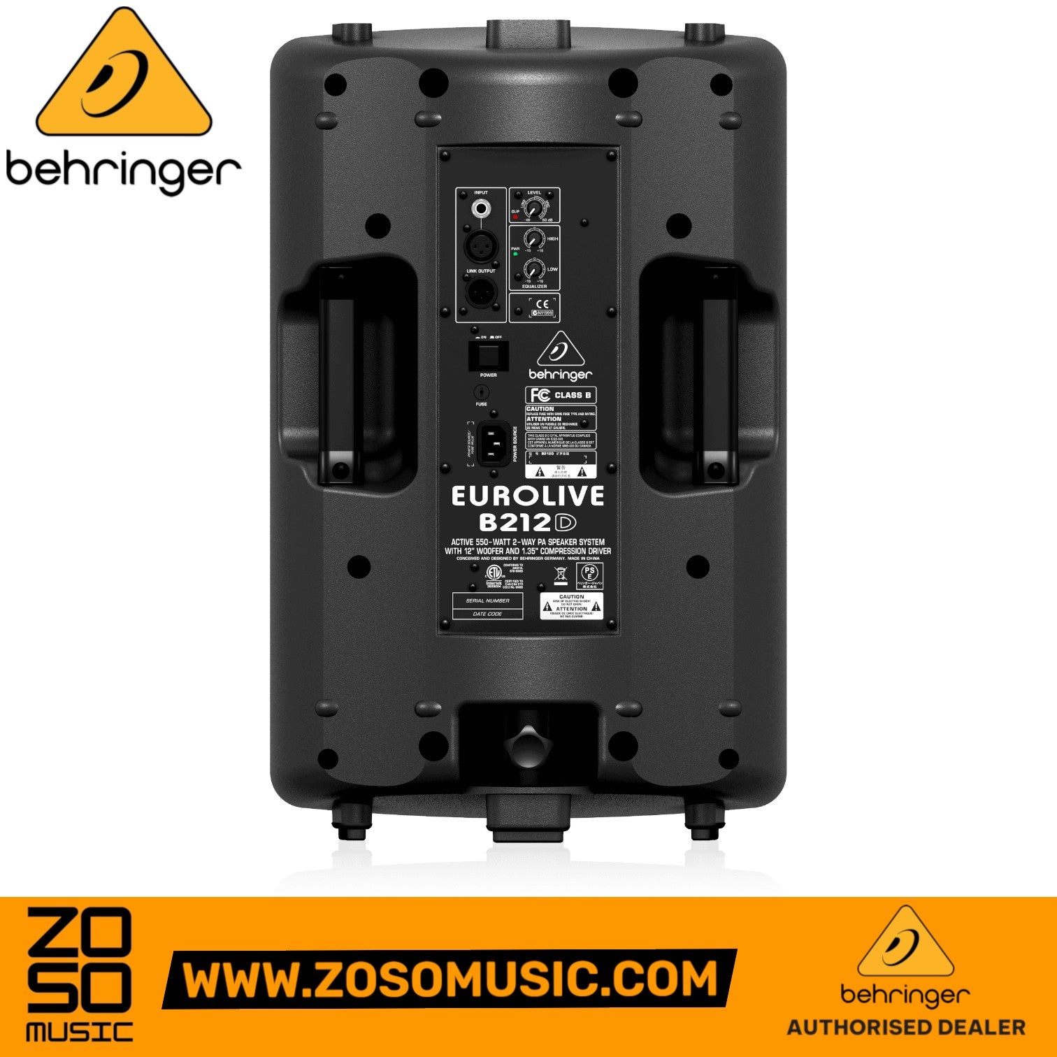 Zoso Music Behringer B212D active PA speaker rear panel showing input controls, power switch, and connection ports