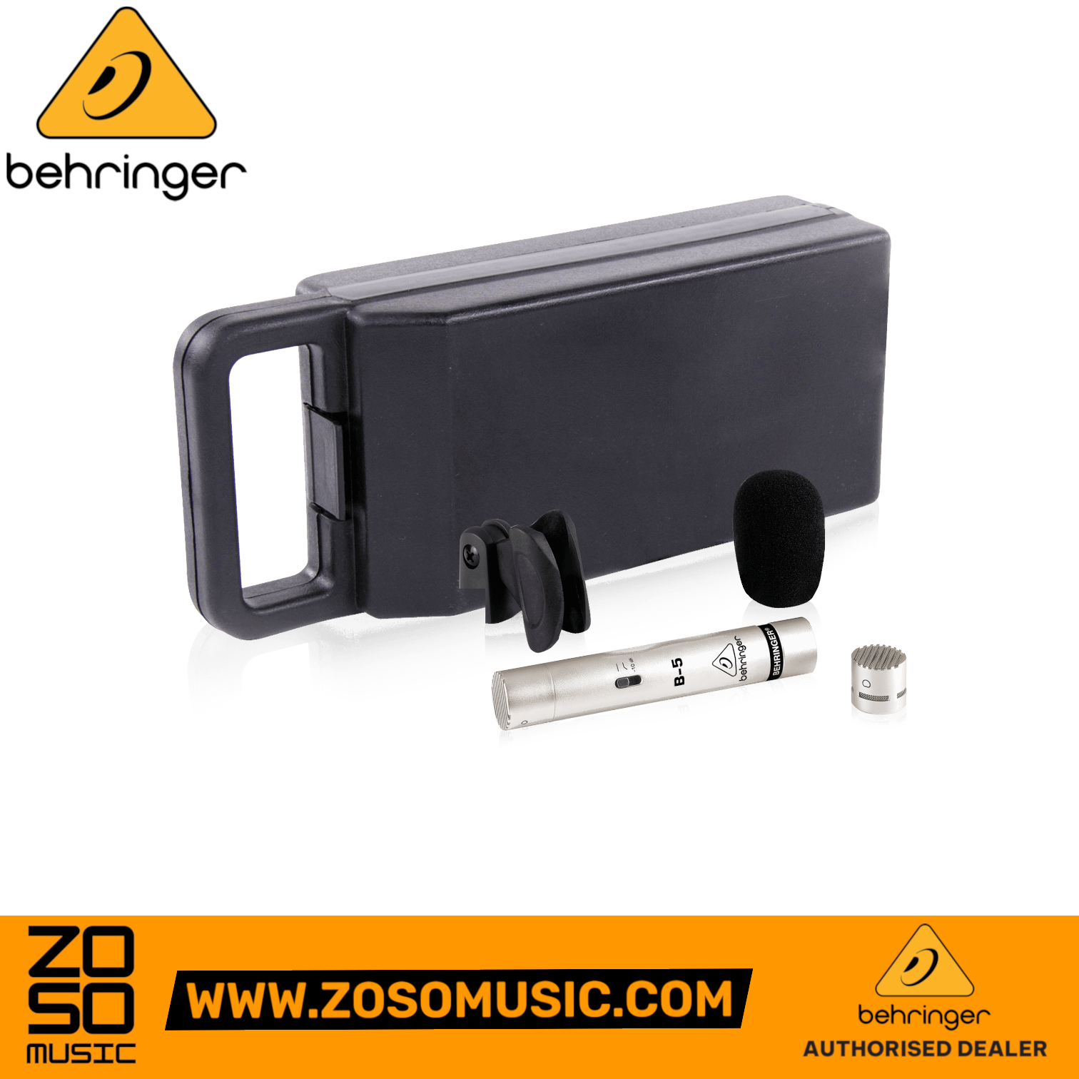 Zoso Music Behringer B-5 condenser microphone with interchangeable capsules, windscreen, and protective storage case.