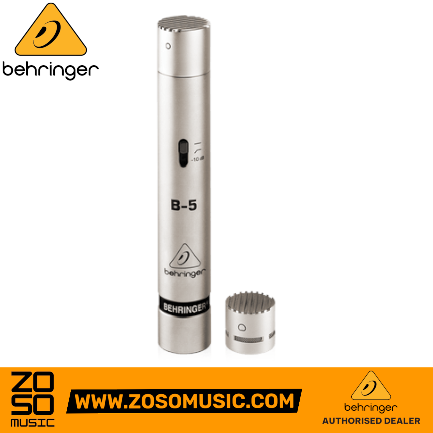 Zoso Music Behringer B-5 condenser microphone with silver body and interchangeable cardioid and omni capsules
