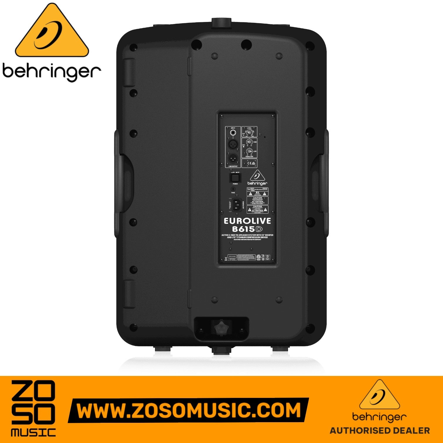 Zoso Music Behringer Eurolive B615D active PA speaker rear panel view showing input and output connectivity ports
