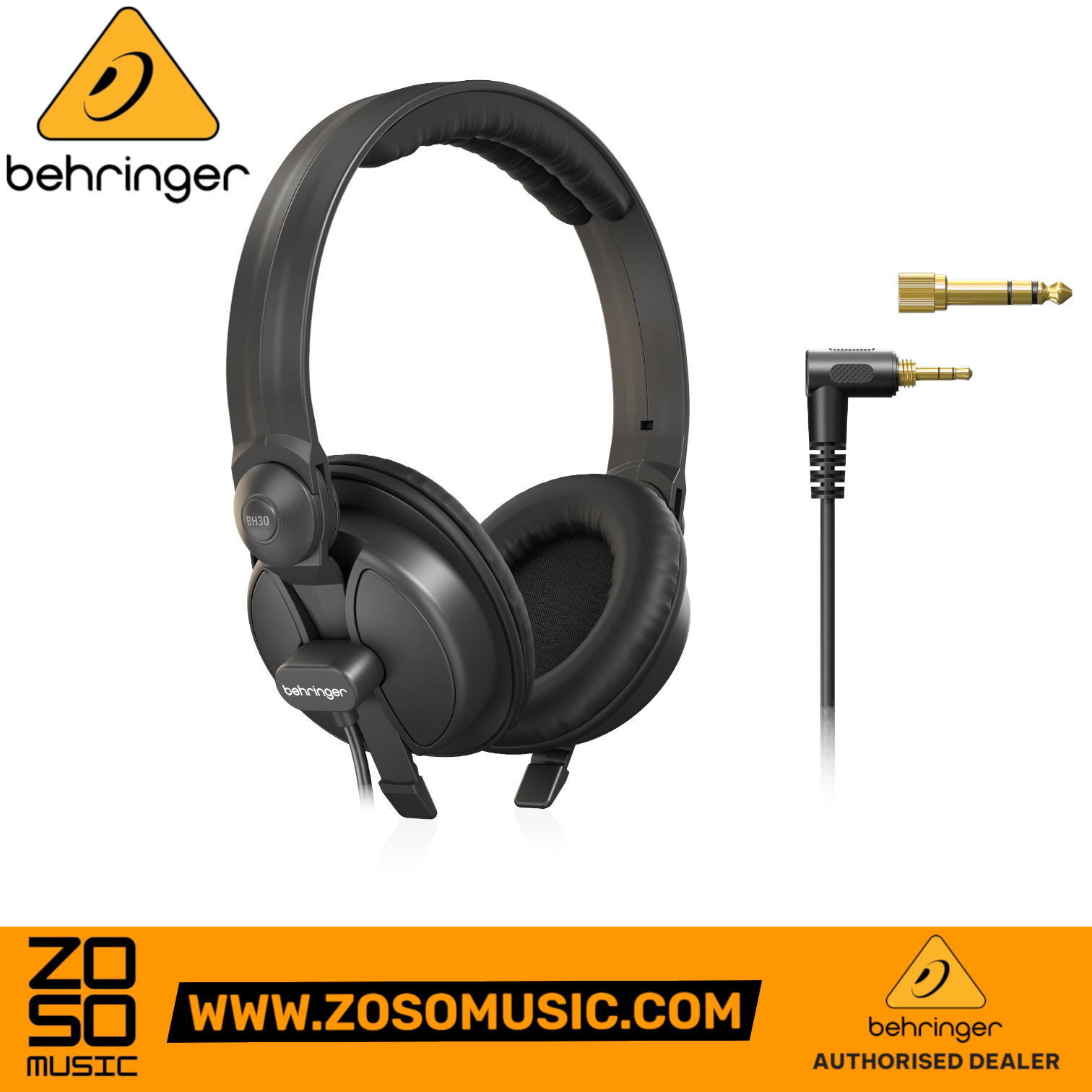Zoso Music Behringer BH30 black closed-back DJ headphones with adjustable headband and gold-plated adapter