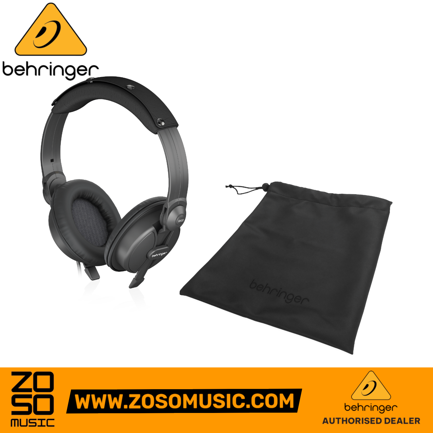 Zoso Music Behringer BH30 closed-back DJ headphones with soft ear cushions and a black protective carrying pouch.