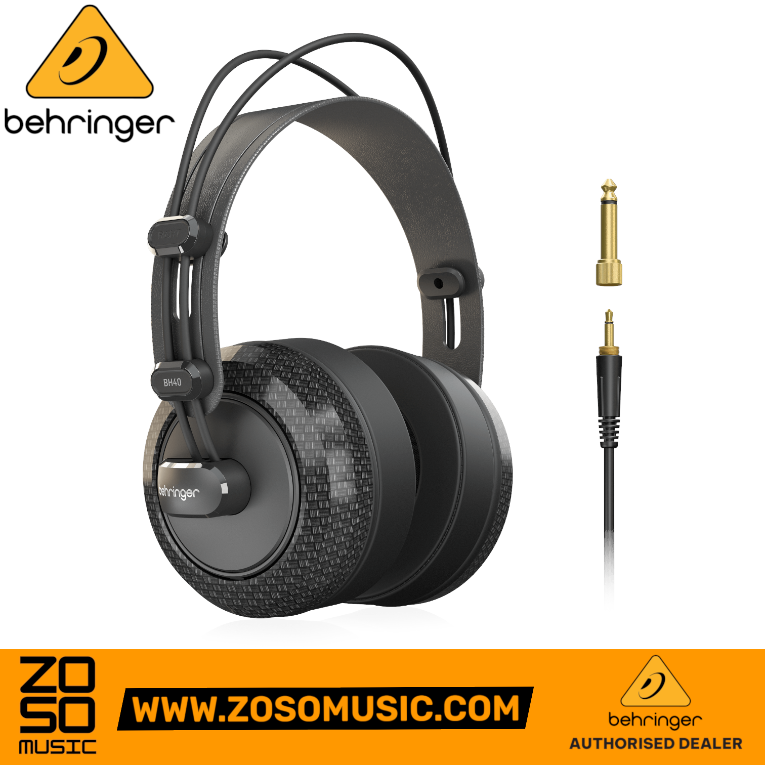 Zoso Music Behringer BH40 closed-back studio headphones with 40mm drivers, soft ear cushions, and audio adapter