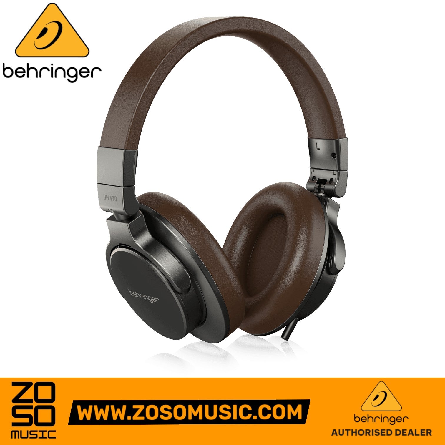 Zoso Music Behringer BH470 closed-back studio monitoring headphones with brown padded earcups and adjustable headband.